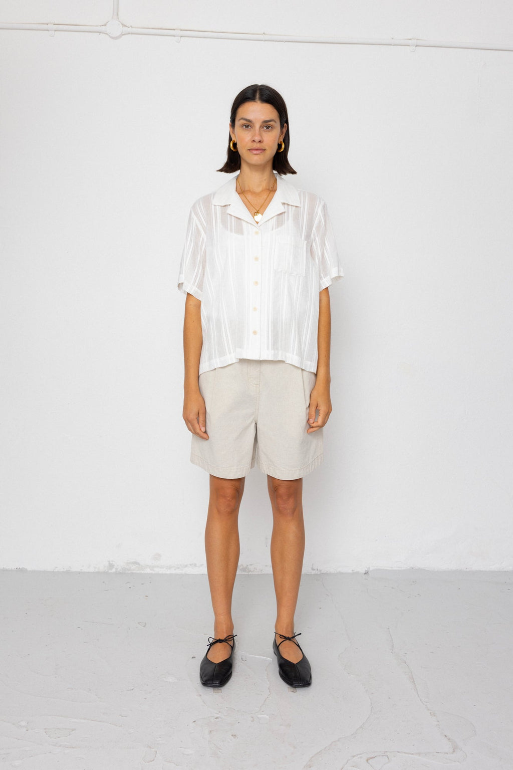 Short Sleeve Soft Collar Shirt - Off White Dobby Stripe