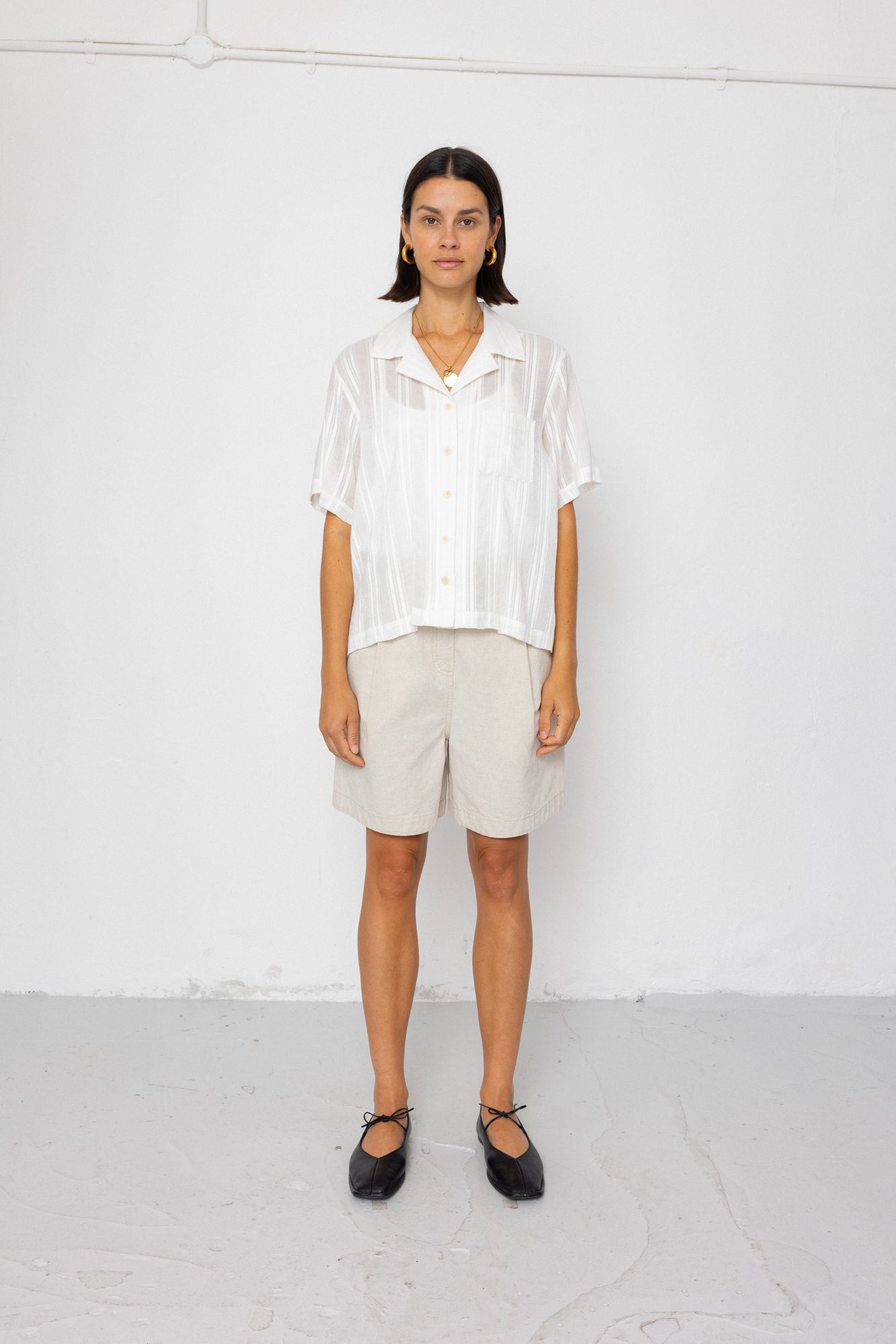 Short Sleeve Soft Collar Shirt - Off White Dobby Stripe