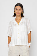 Short Sleeve Soft Collar Shirt - Off White Dobby Stripe
