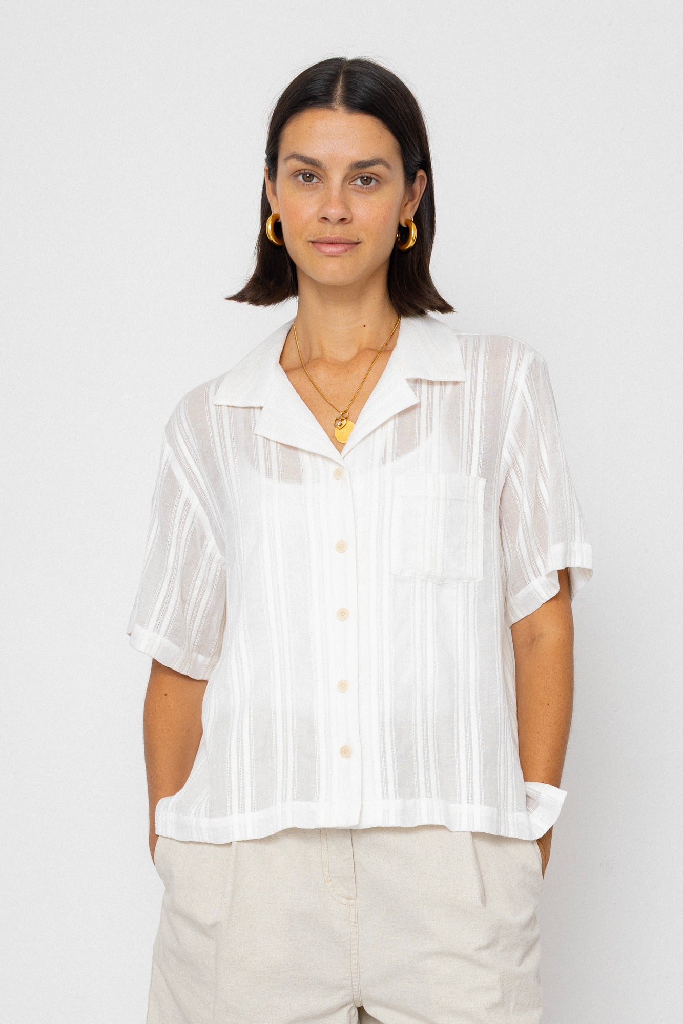 Short Sleeve Soft Collar Shirt - Off White Dobby Stripe