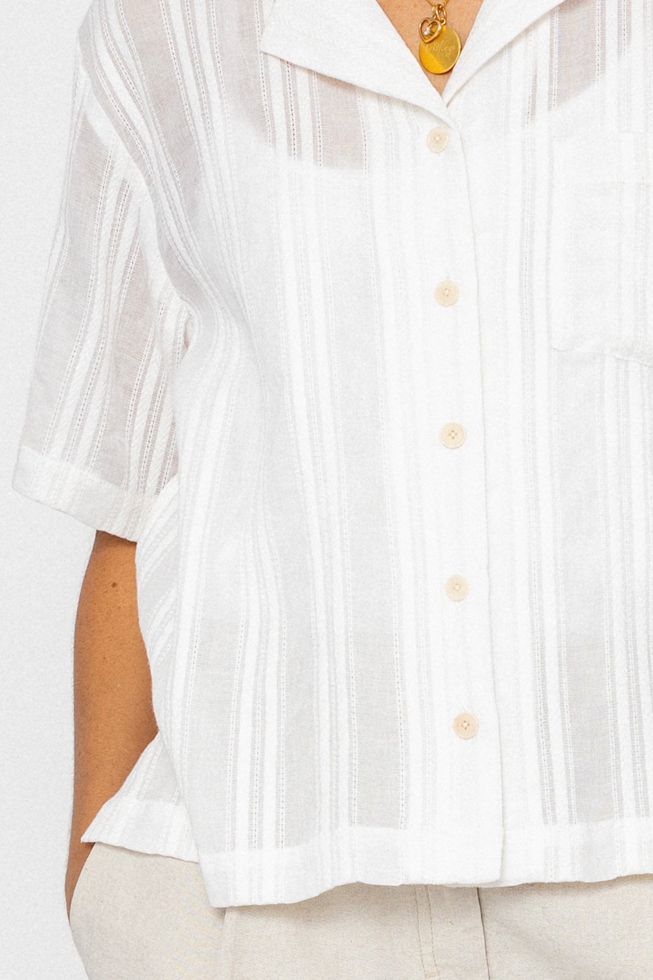 Short Sleeve Soft Collar Shirt - Off White Dobby Stripe