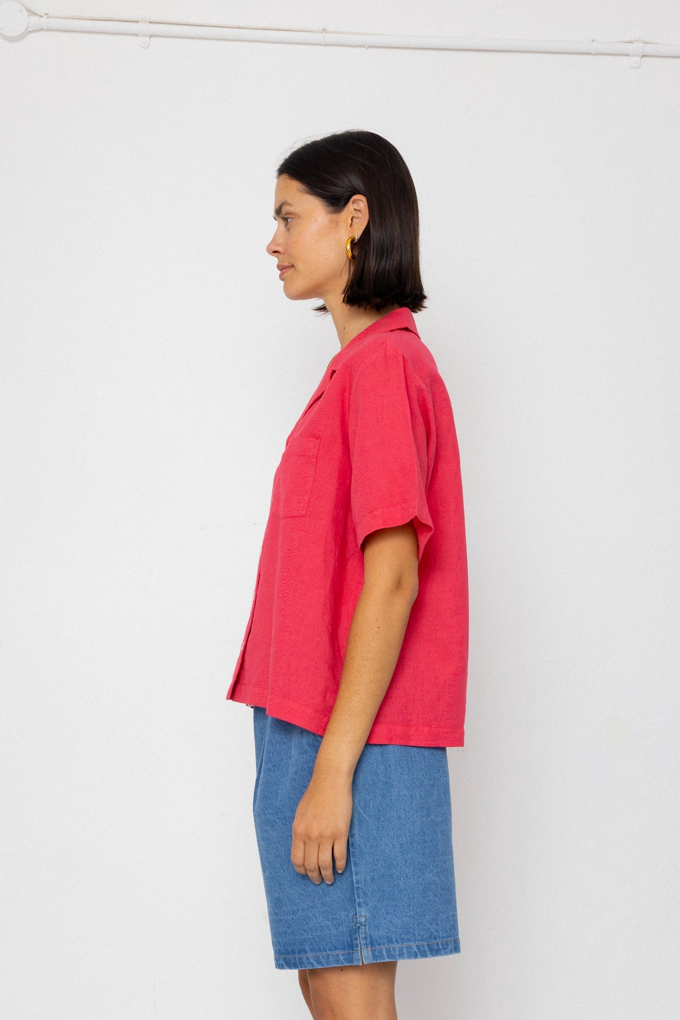 Short Sleeve Soft Collar Shirt - Rose Red