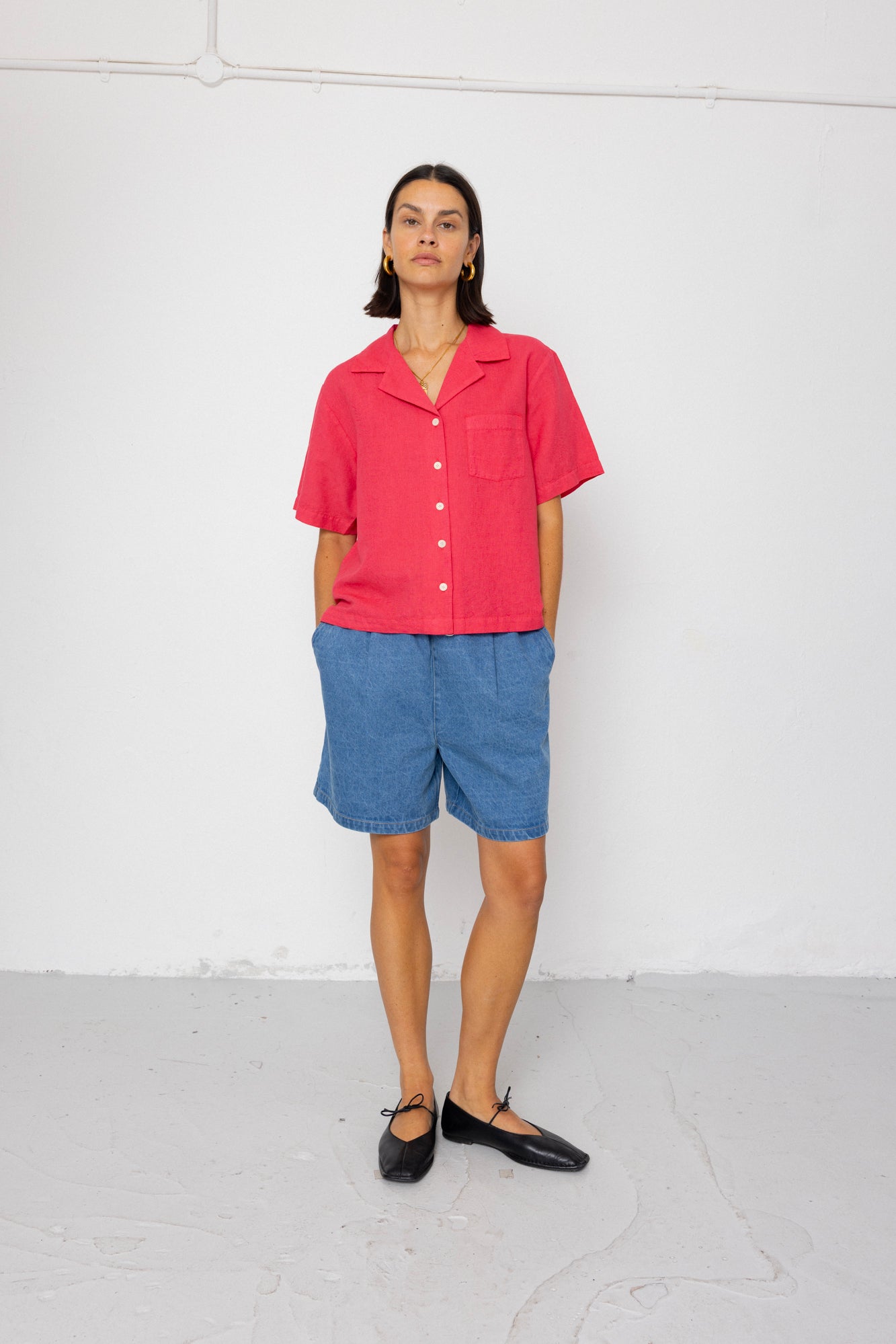 Short Sleeve Soft Collar Shirt - Rose Red