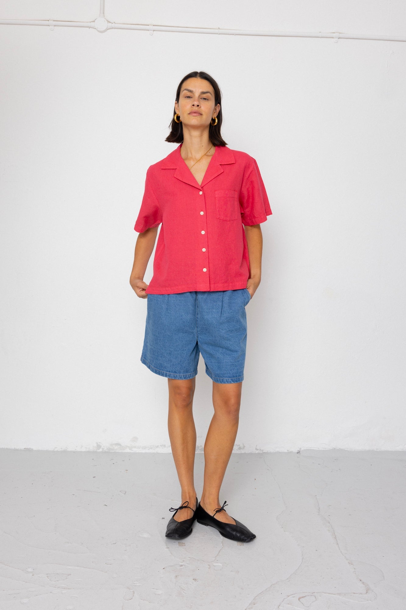 Short Sleeve Soft Collar Shirt - Rose Red