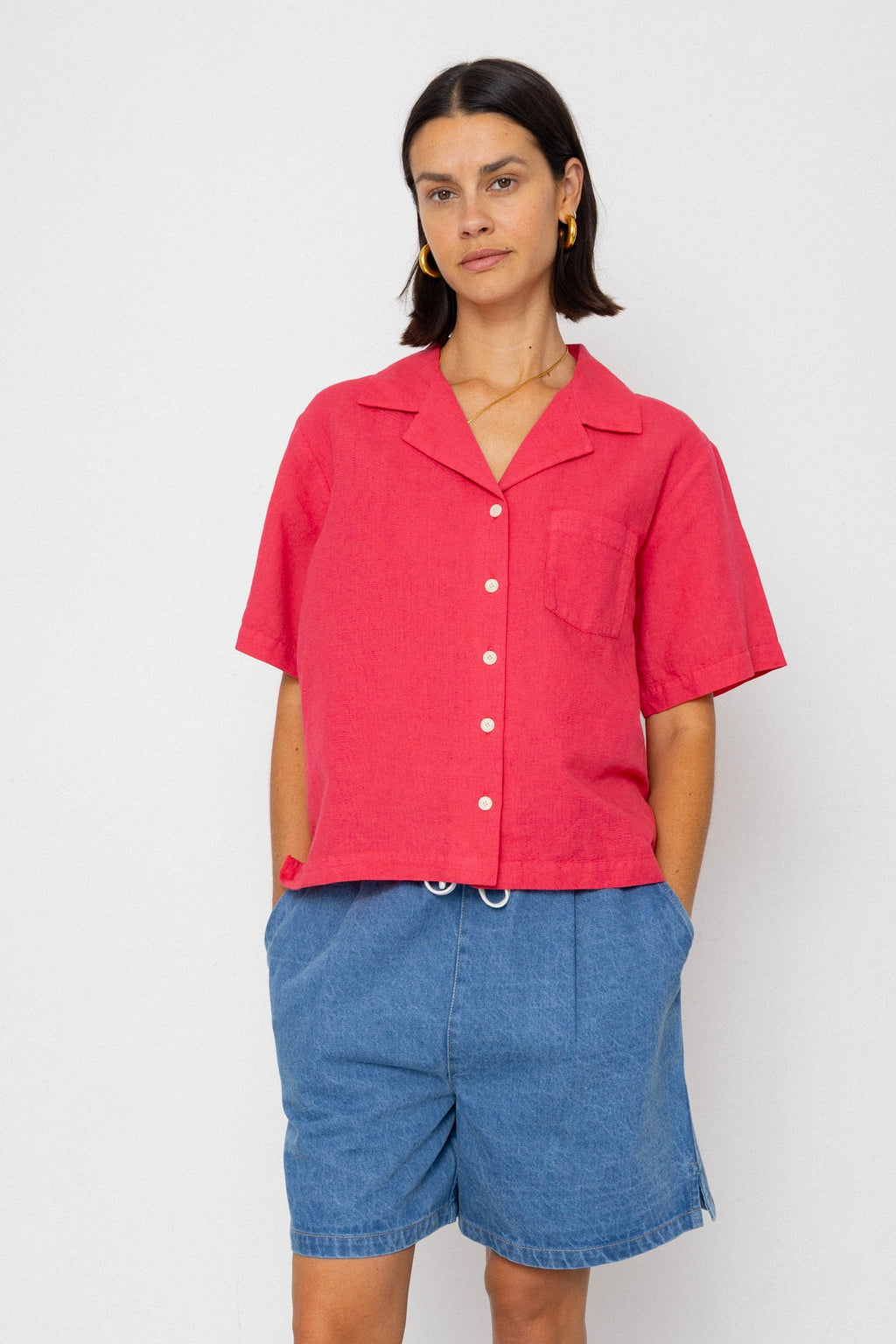 Short Sleeve Soft Collar Shirt - Rose Red