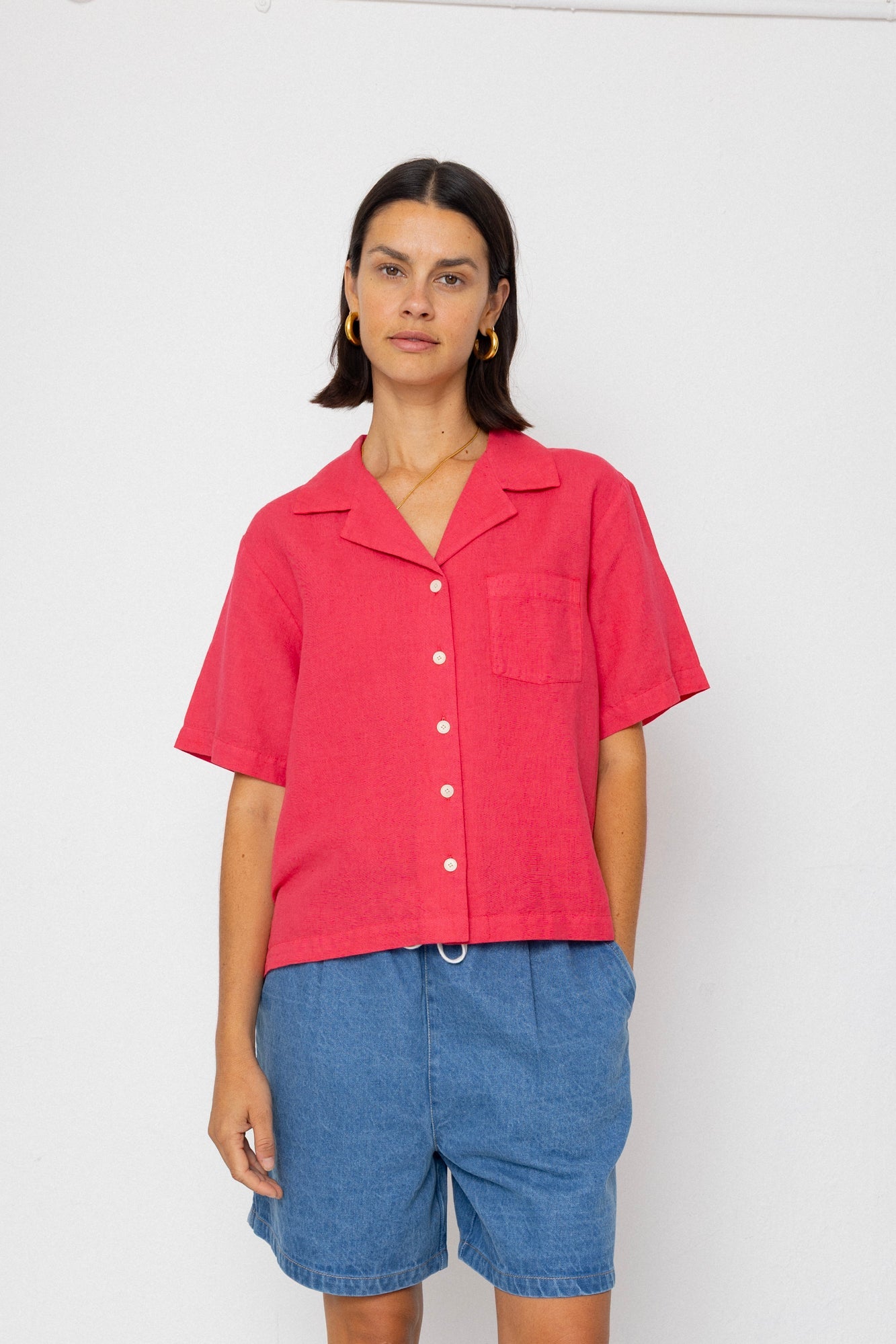 Short Sleeve Soft Collar Shirt - Rose Red