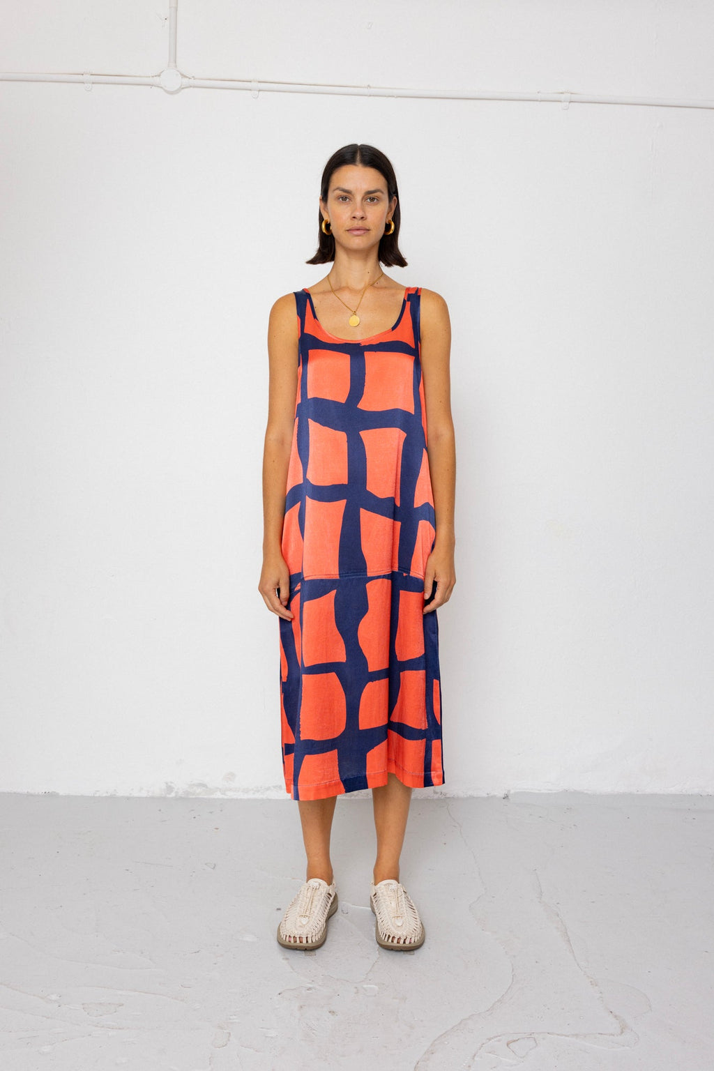 Slip Dress - Abstract Block Print Navy