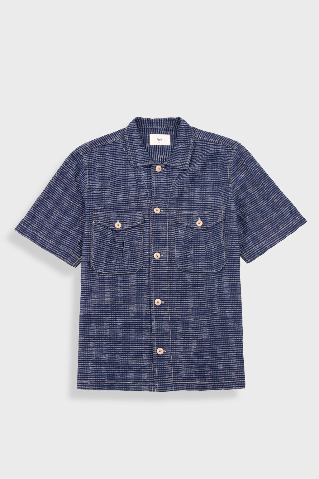 Short Sleeve Revere Shirt - Navy Textured Stripe