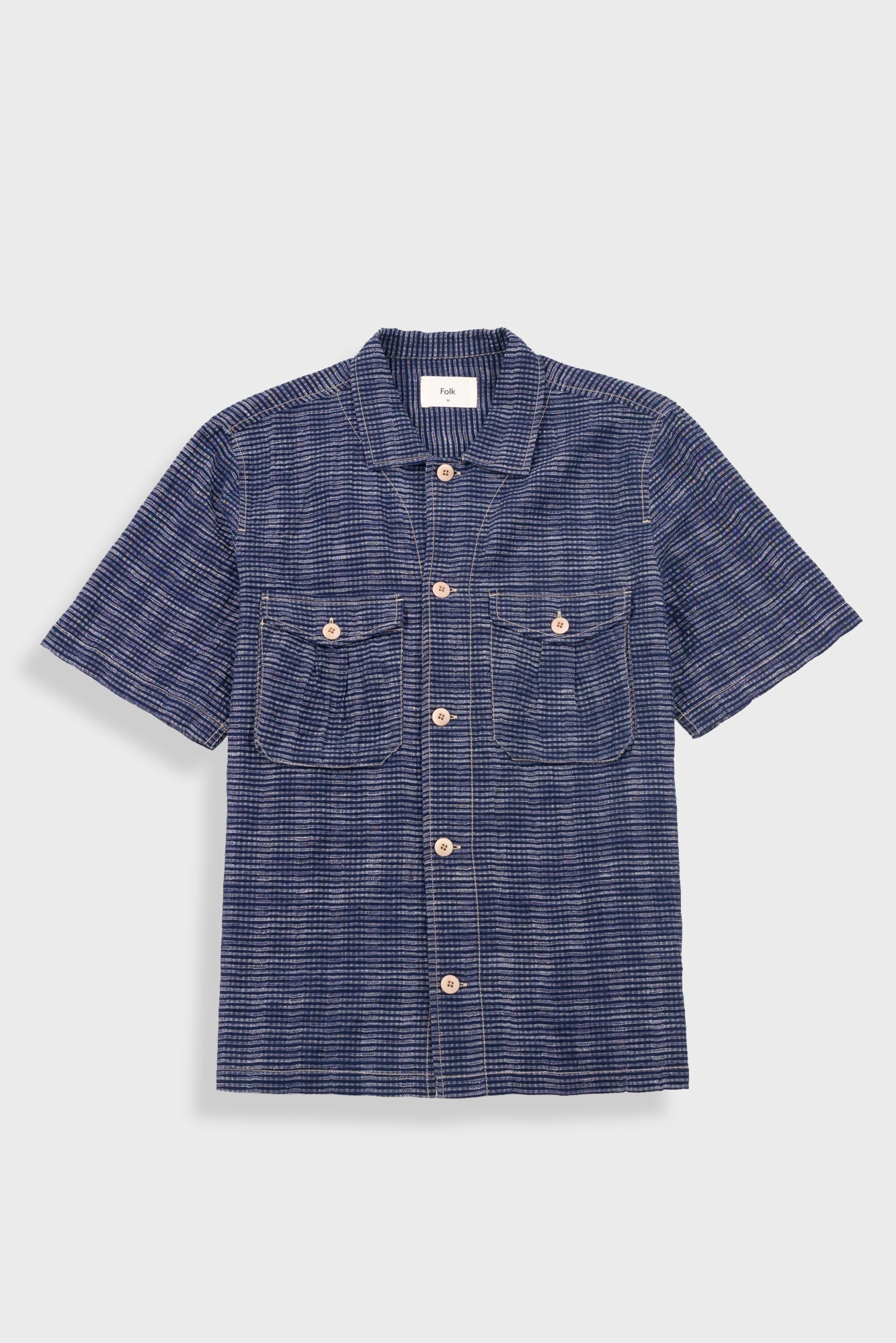 Short Sleeve Revere Shirt - Navy Textured Stripe