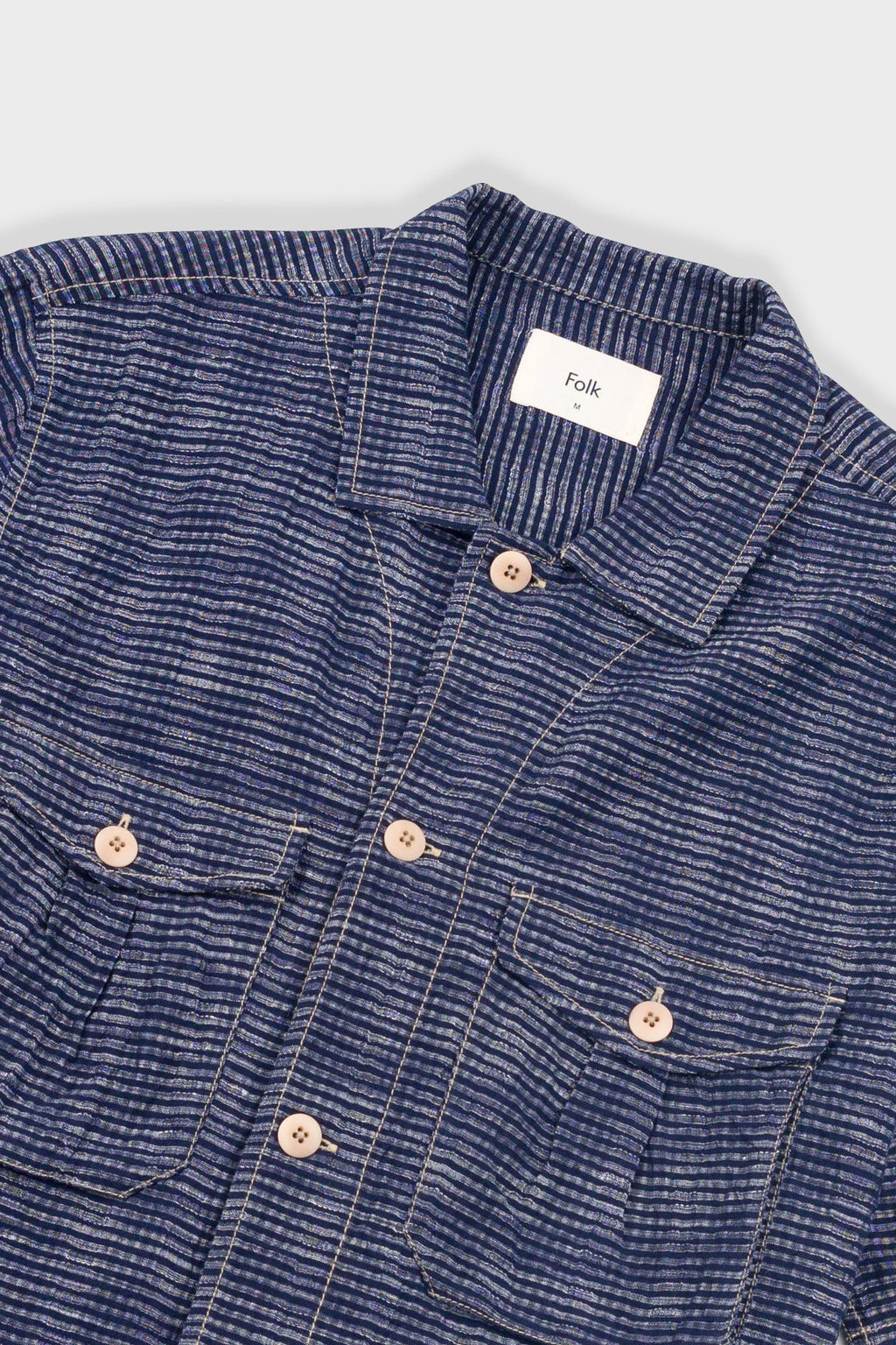 Short Sleeve Revere Shirt - Navy Textured Stripe