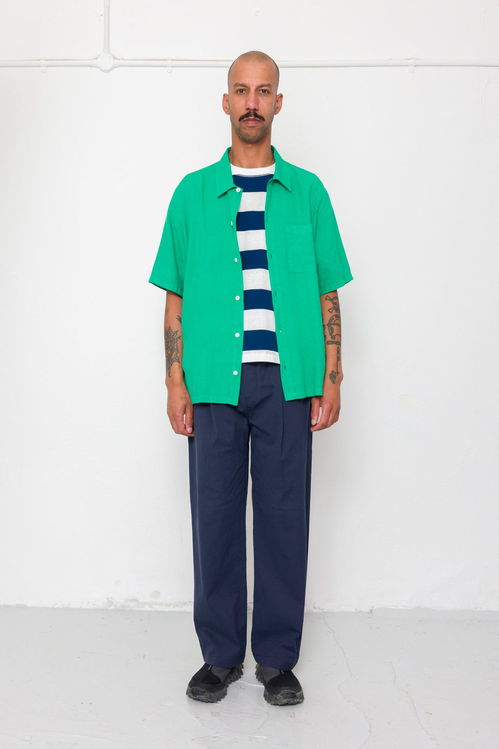 Drawcord Loose Trousers - Navy Seersucker