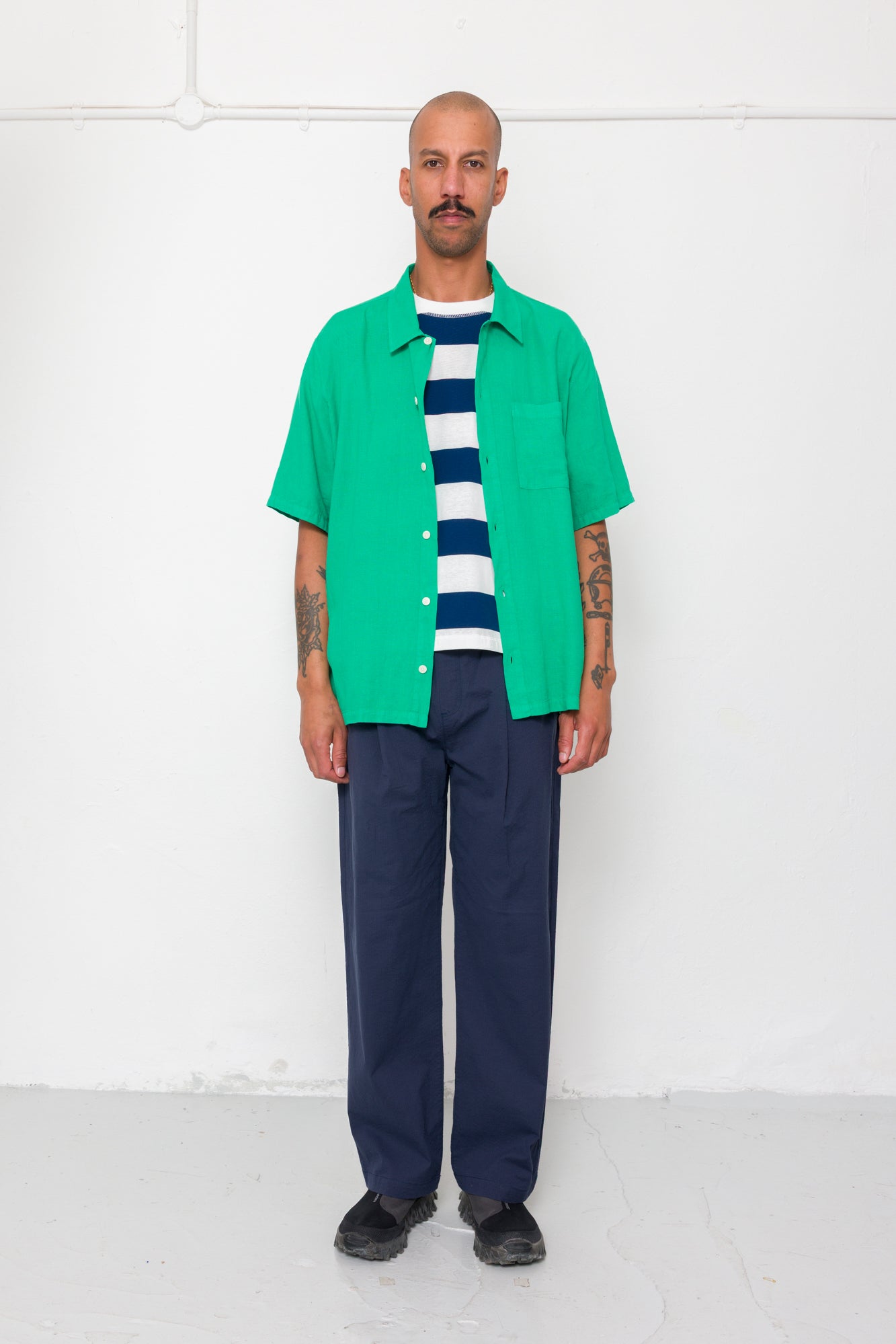 Drawcord Loose Trousers - Navy Seersucker