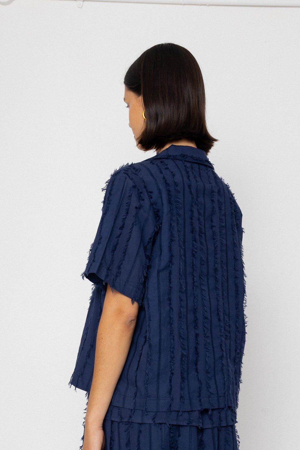 Short Sleeve Soft Collar Shirt - Dark Navy Cutwork Stripe