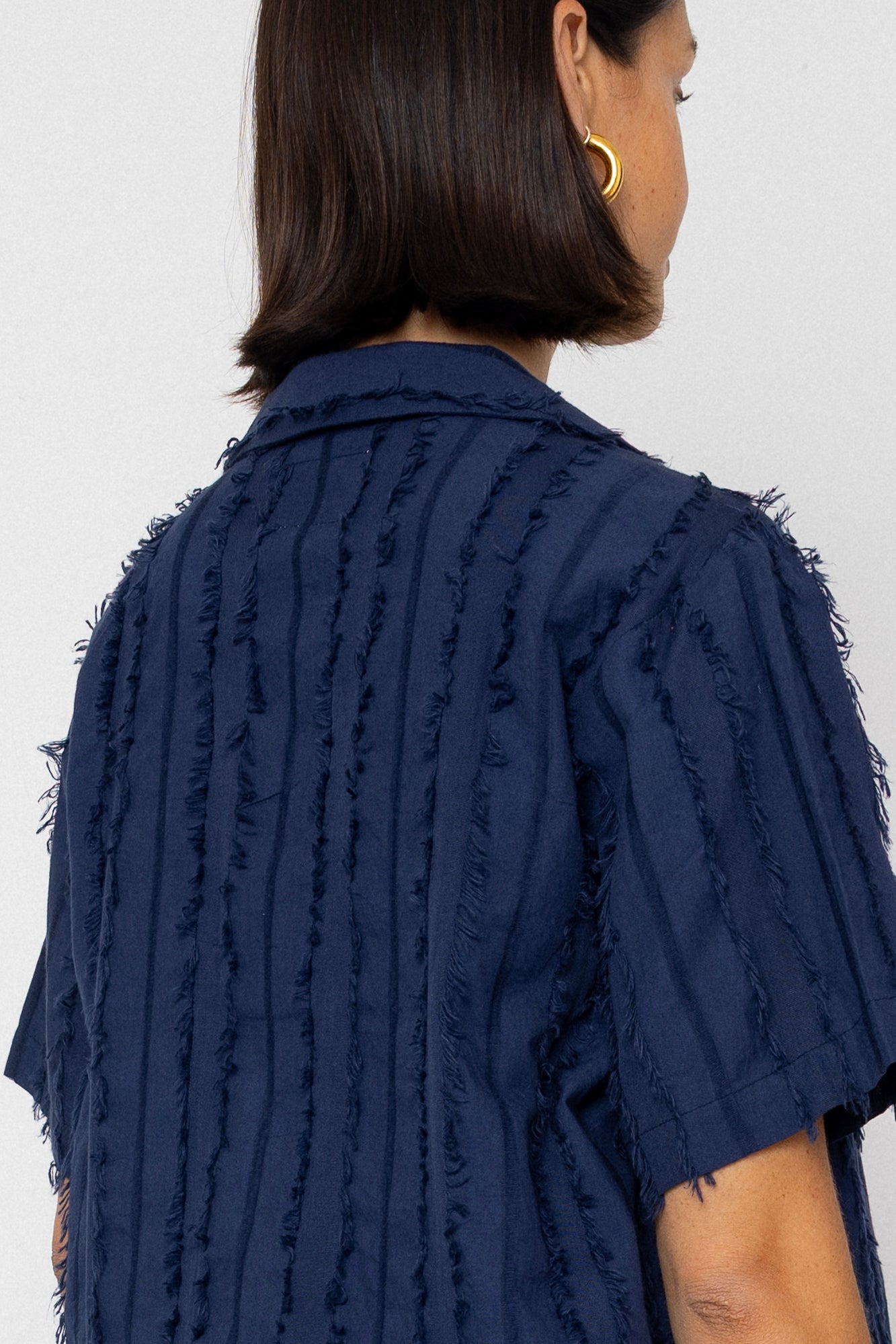 Short Sleeve Soft Collar Shirt - Dark Navy Cutwork Stripe