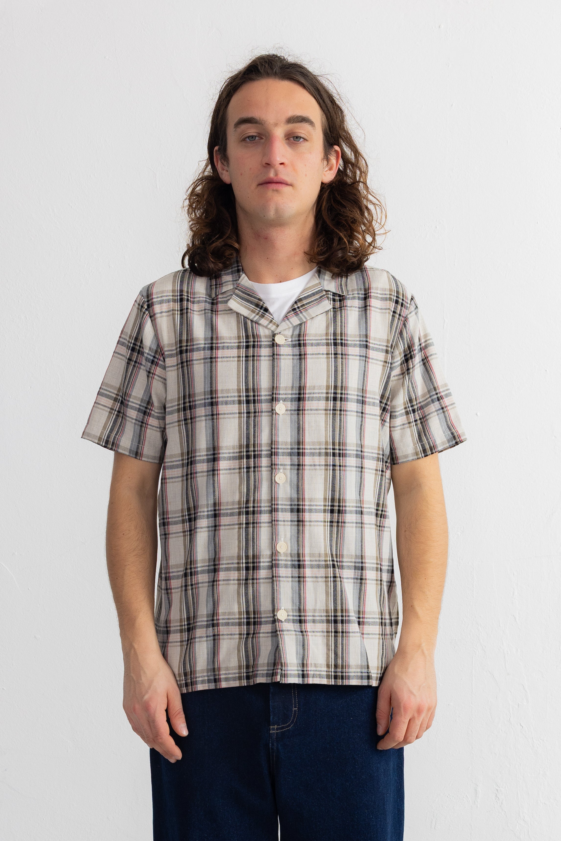 Short Sleeve Soft Collar Shirt - Natural Black Check