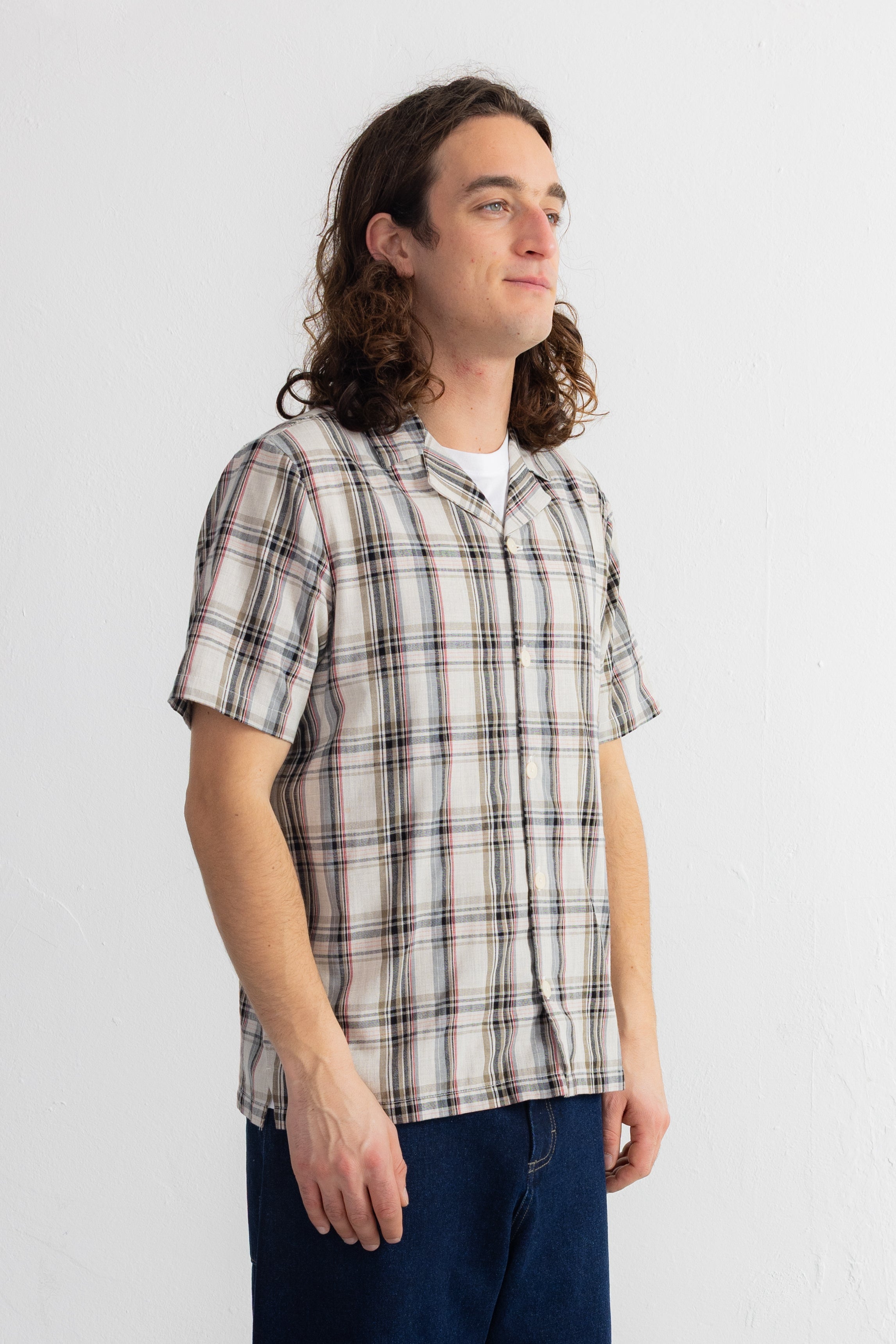Short Sleeve Soft Collar Shirt - Natural Black Check