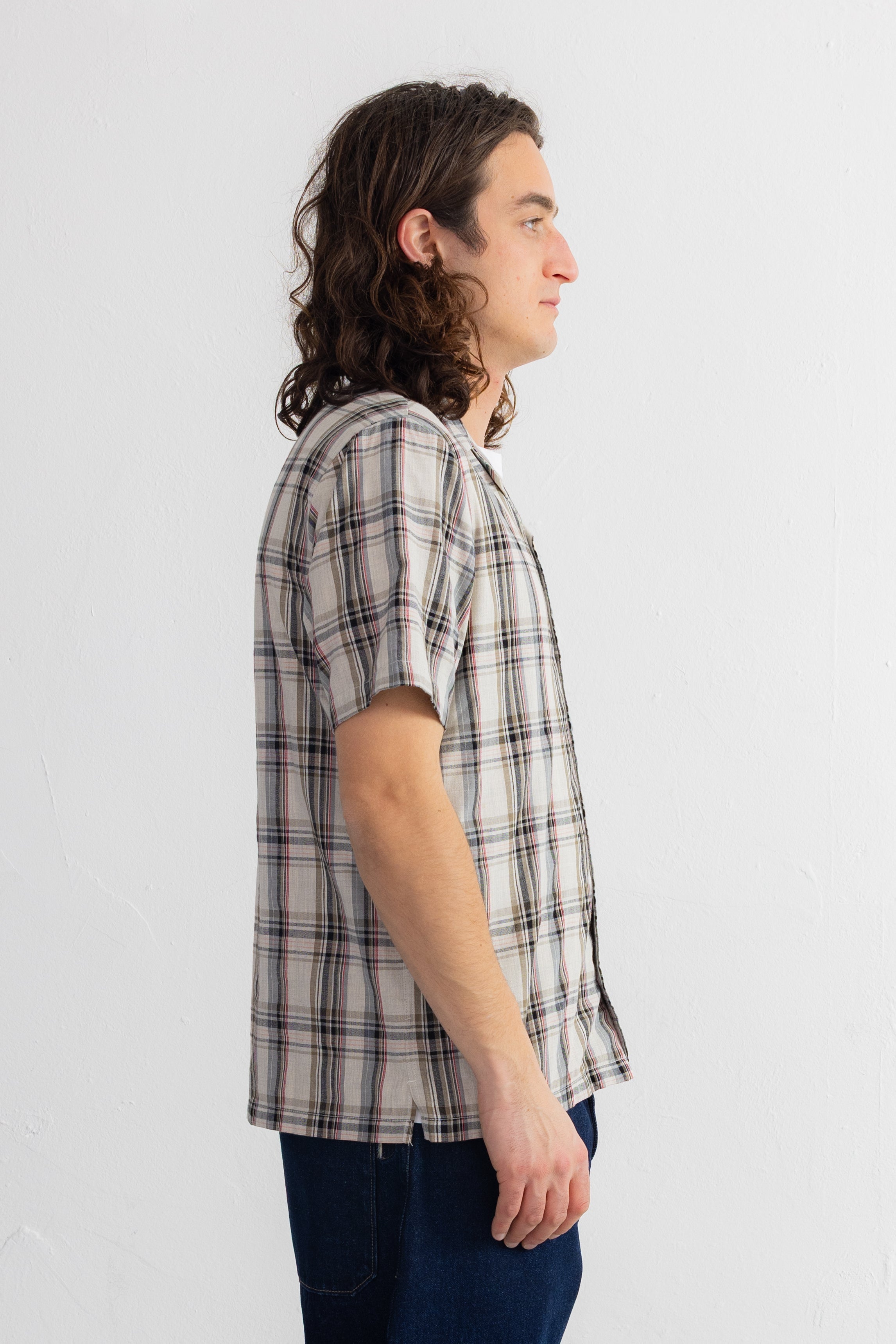 Short Sleeve Soft Collar Shirt - Natural Black Check
