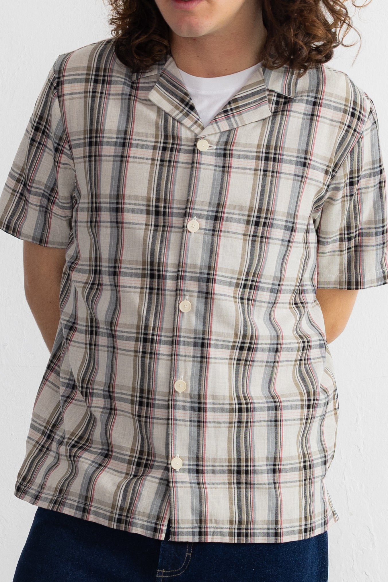 Short Sleeve Soft Collar Shirt - Natural Black Check