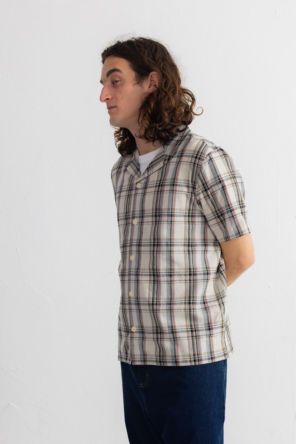 Short Sleeve Soft Collar Shirt - Natural Black Check