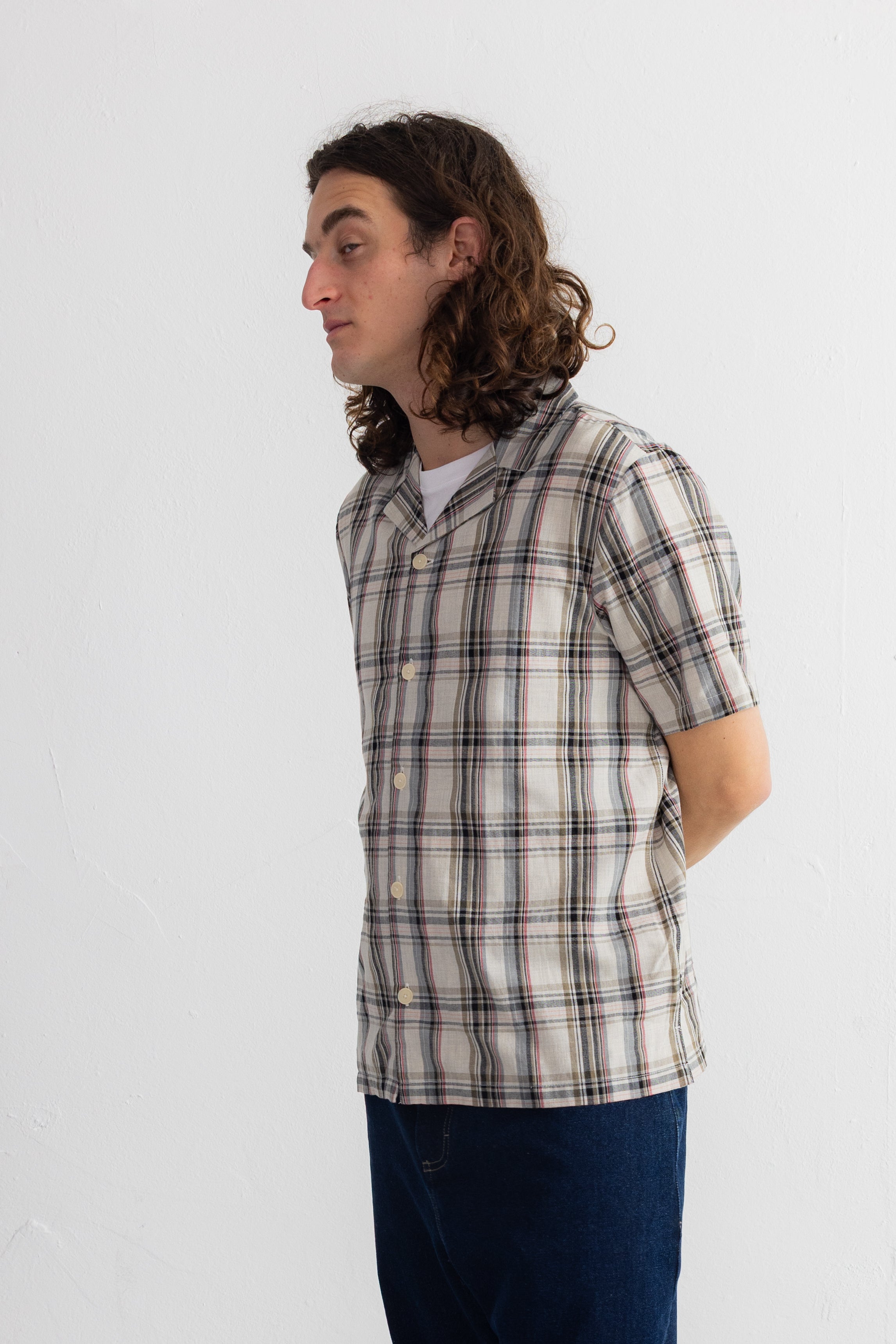 Short Sleeve Soft Collar Shirt - Natural Black Check