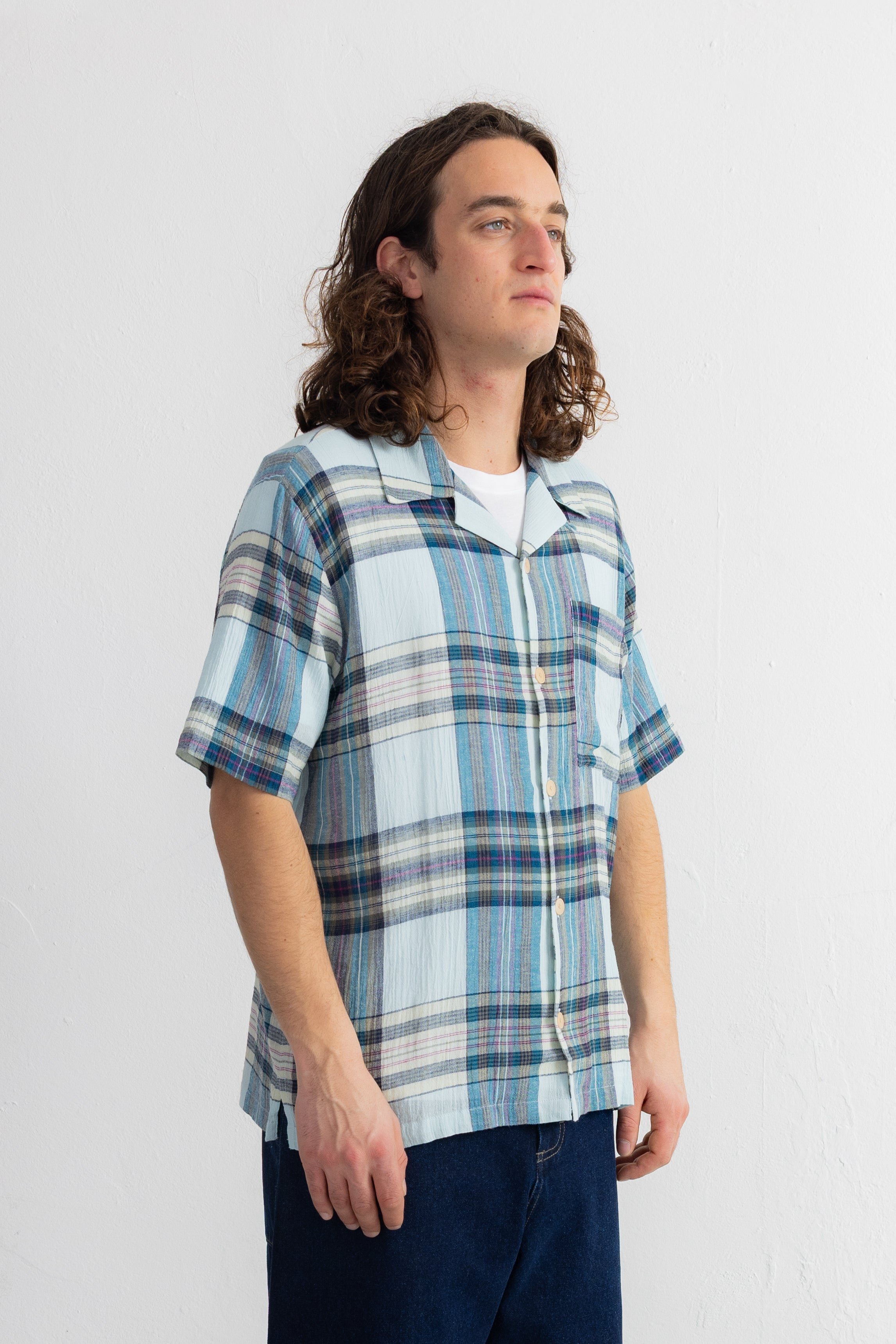 Short Sleeve Soft Collar Shirt - Ocean Blue Check