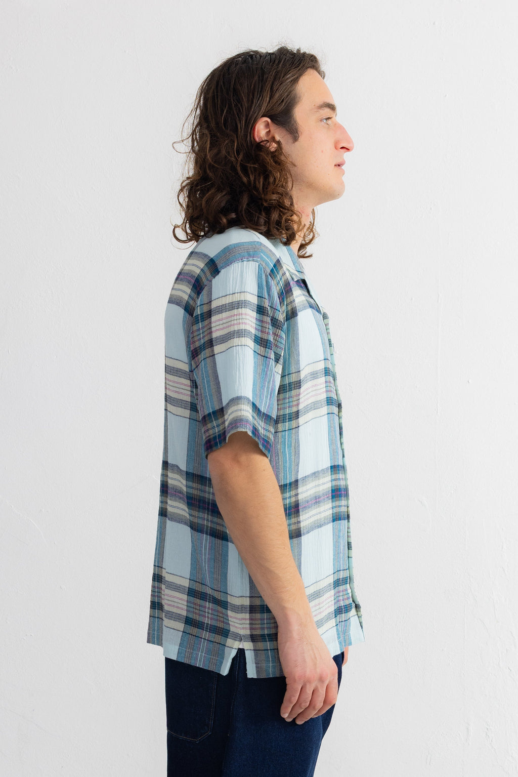 Short Sleeve Soft Collar Shirt - Ocean Blue Check