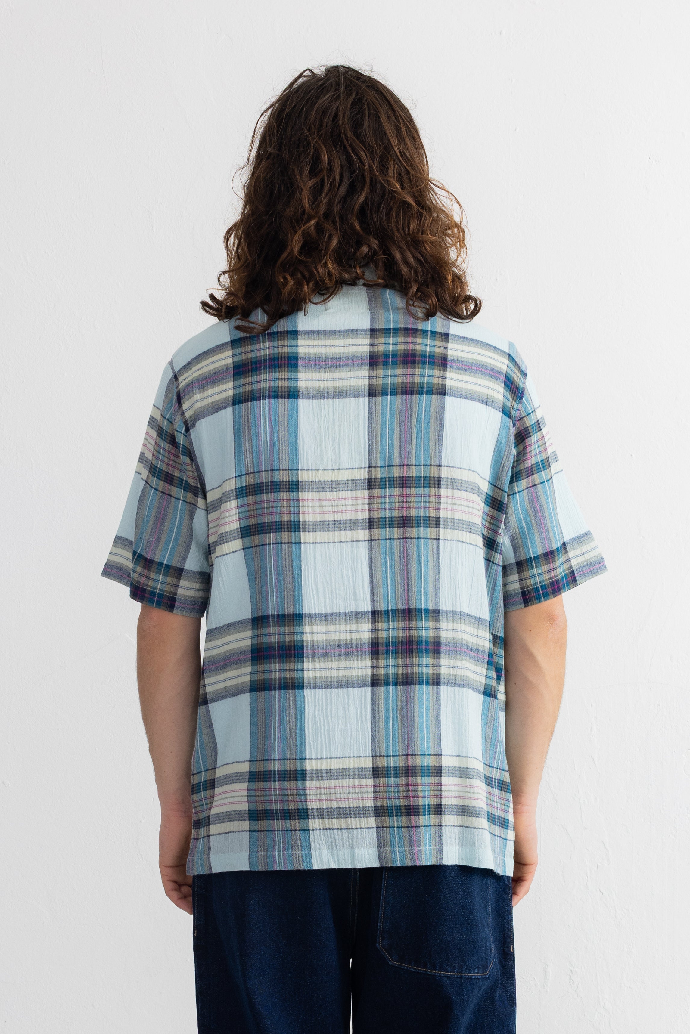 Short Sleeve Soft Collar Shirt - Ocean Blue Check
