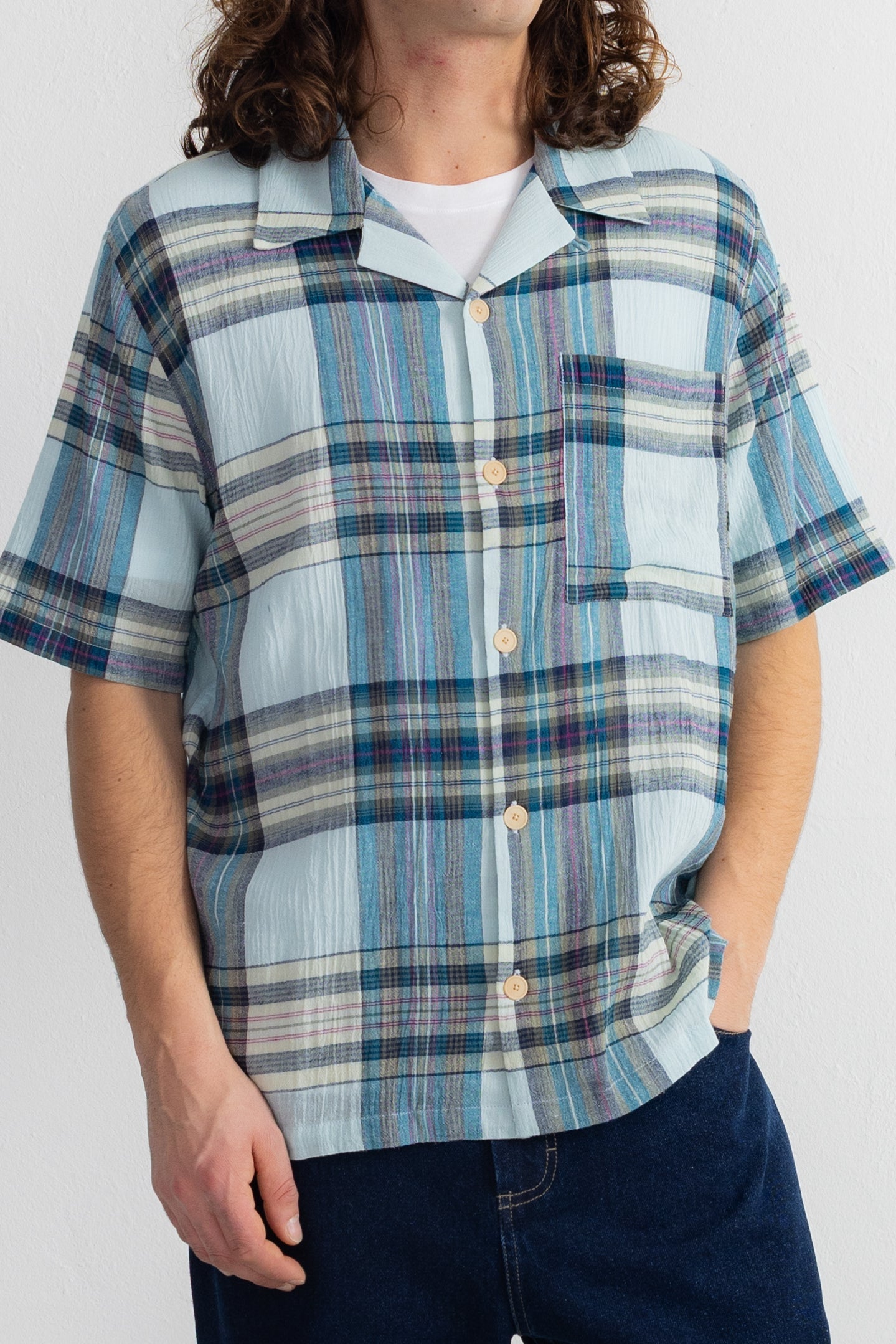 Short Sleeve Soft Collar Shirt - Ocean Blue Check