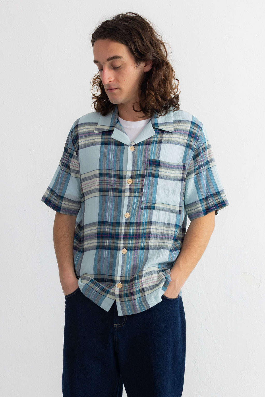 Short Sleeve Soft Collar Shirt - Ocean Blue Check