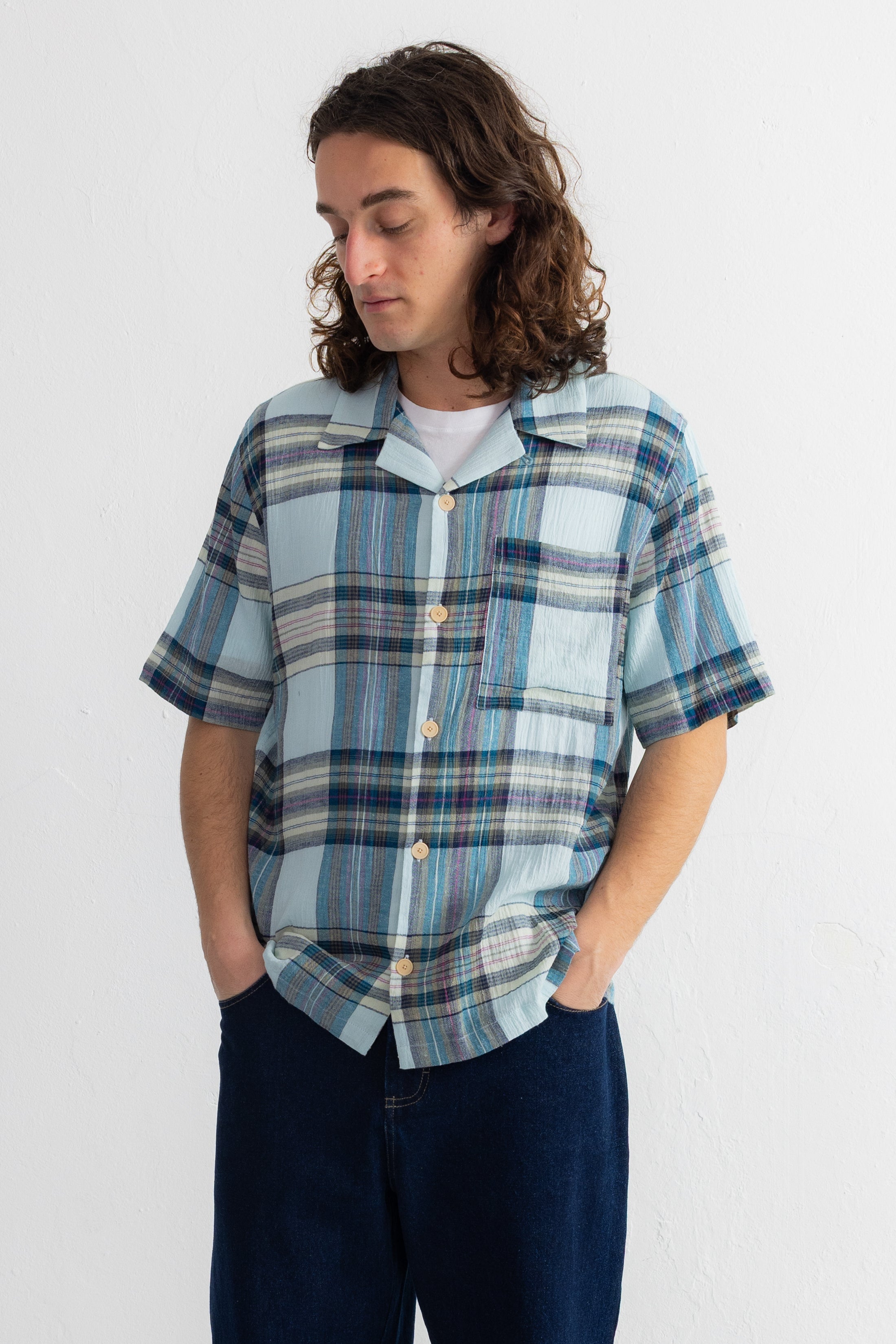 Short Sleeve Soft Collar Shirt - Ocean Blue Check