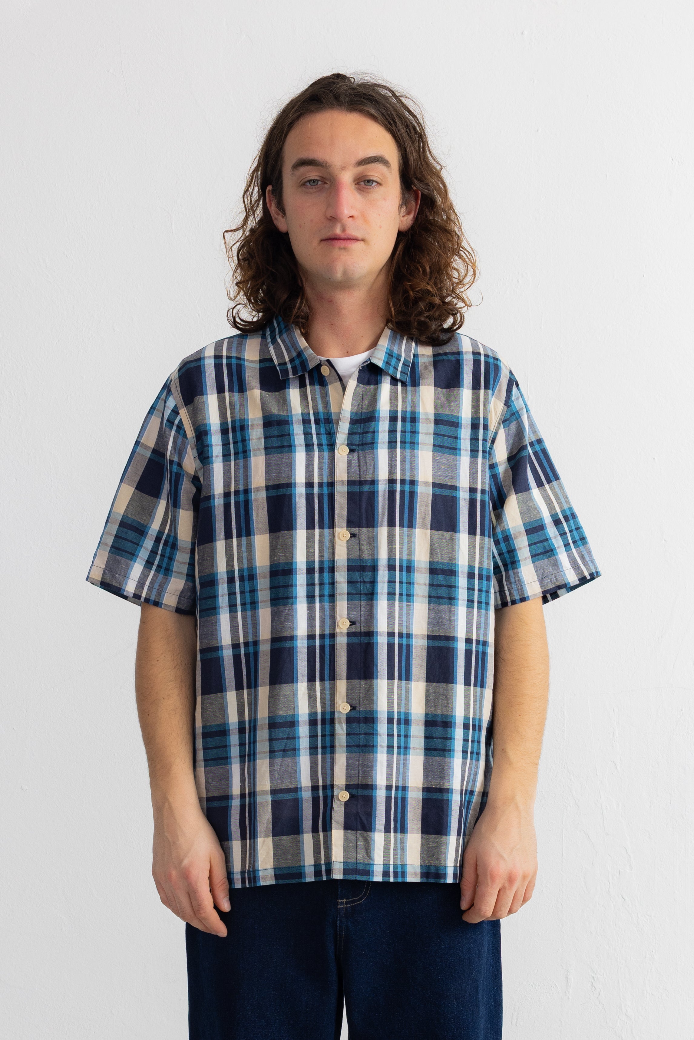 Short Sleeve Seoul Shirt - Yellow Cyan Check