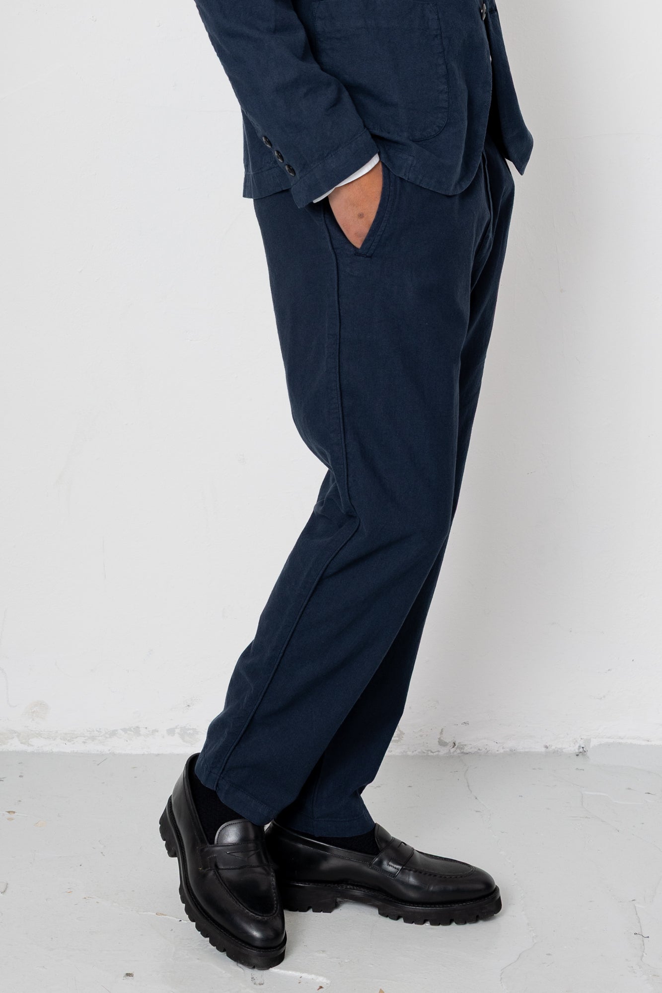 Fixed Waistband Cotton Linen Trouser - Dark Navy
