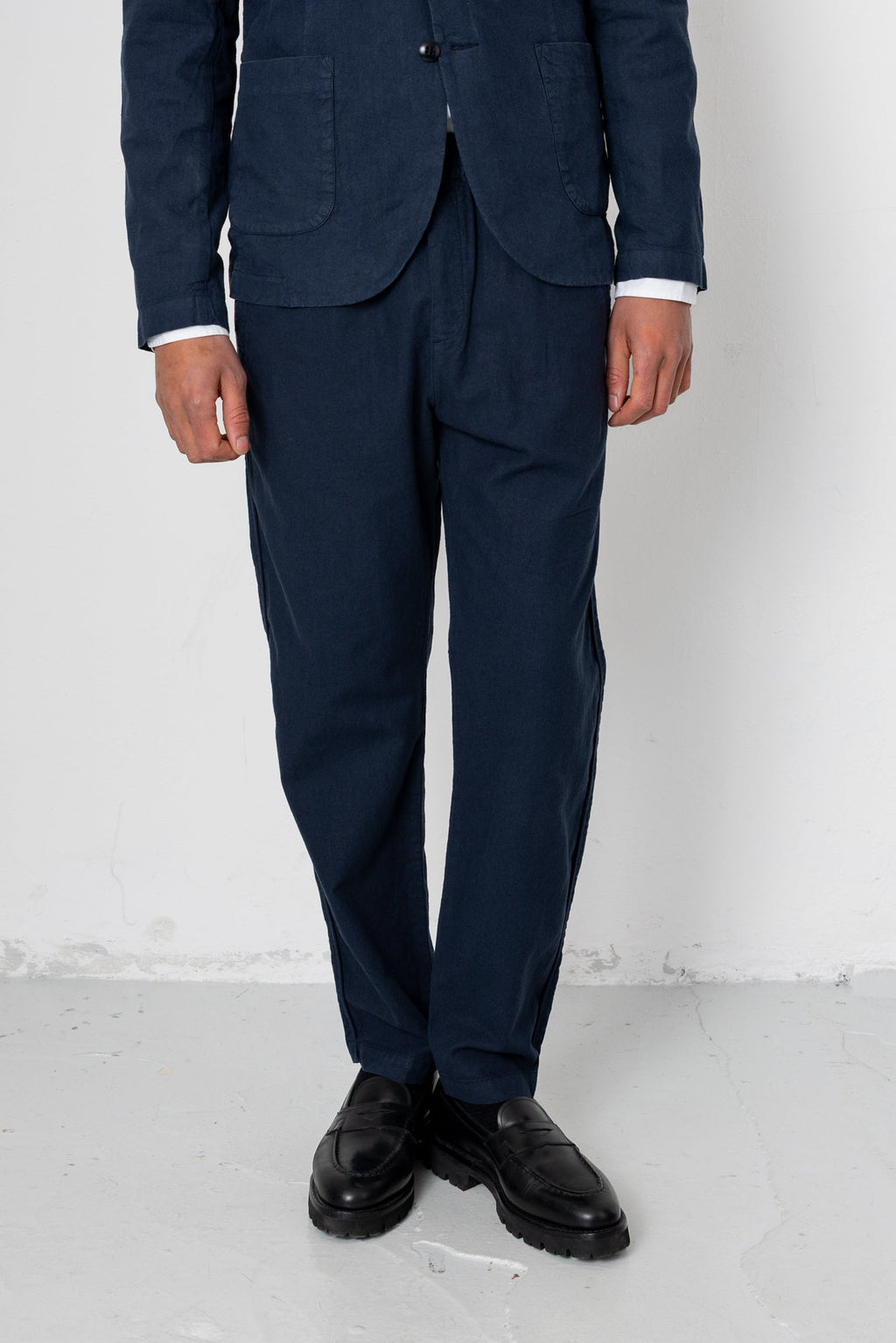 Fixed Waistband Cotton Linen Trouser - Dark Navy