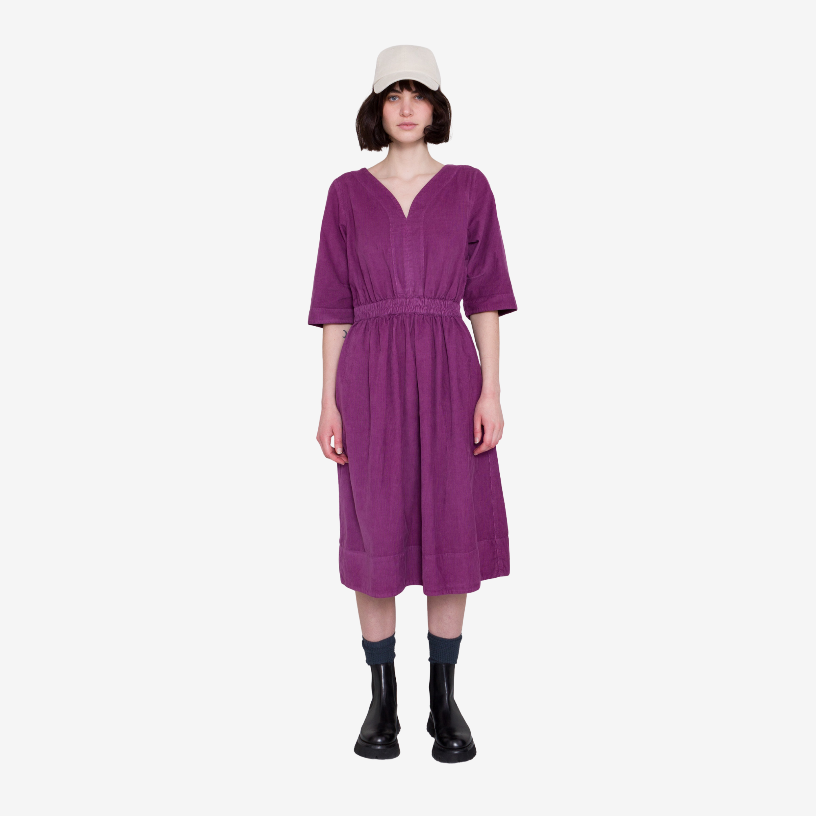 Gathered Dress - Wine Babycord