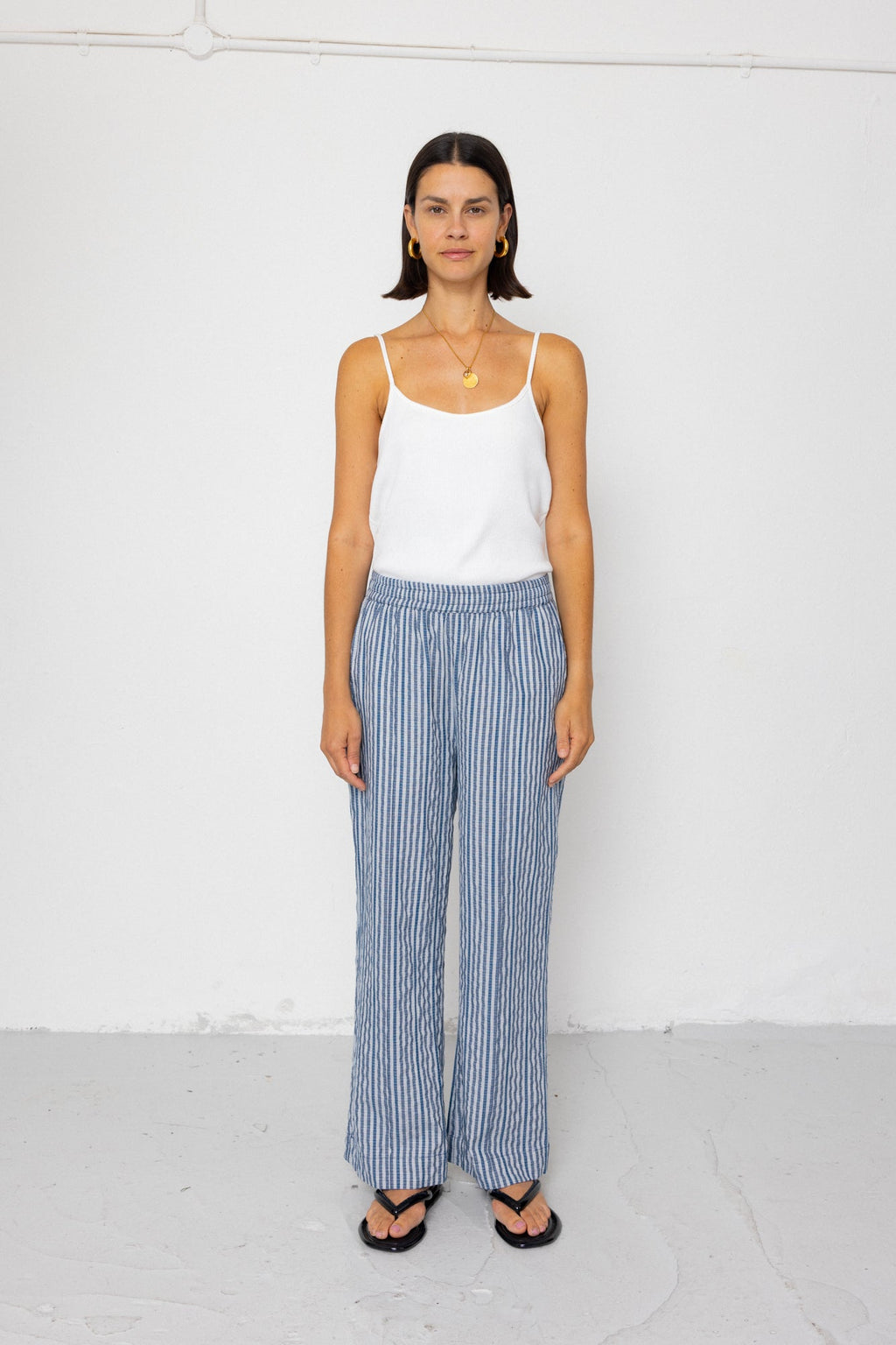 Wide Fit Trousers - Indigo Crinkle Mini Check