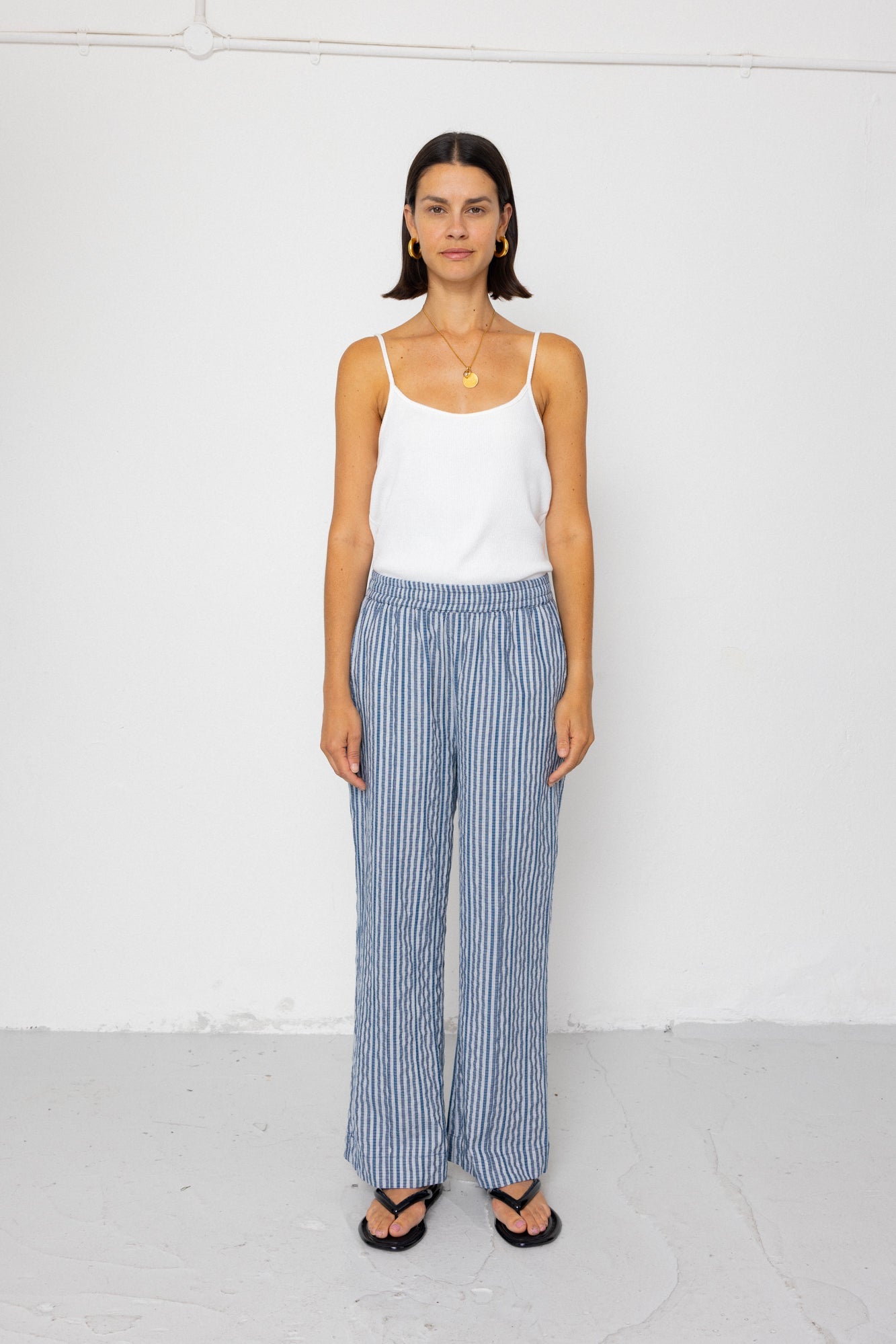 Wide Fit Trousers - Indigo Crinkle Mini Check