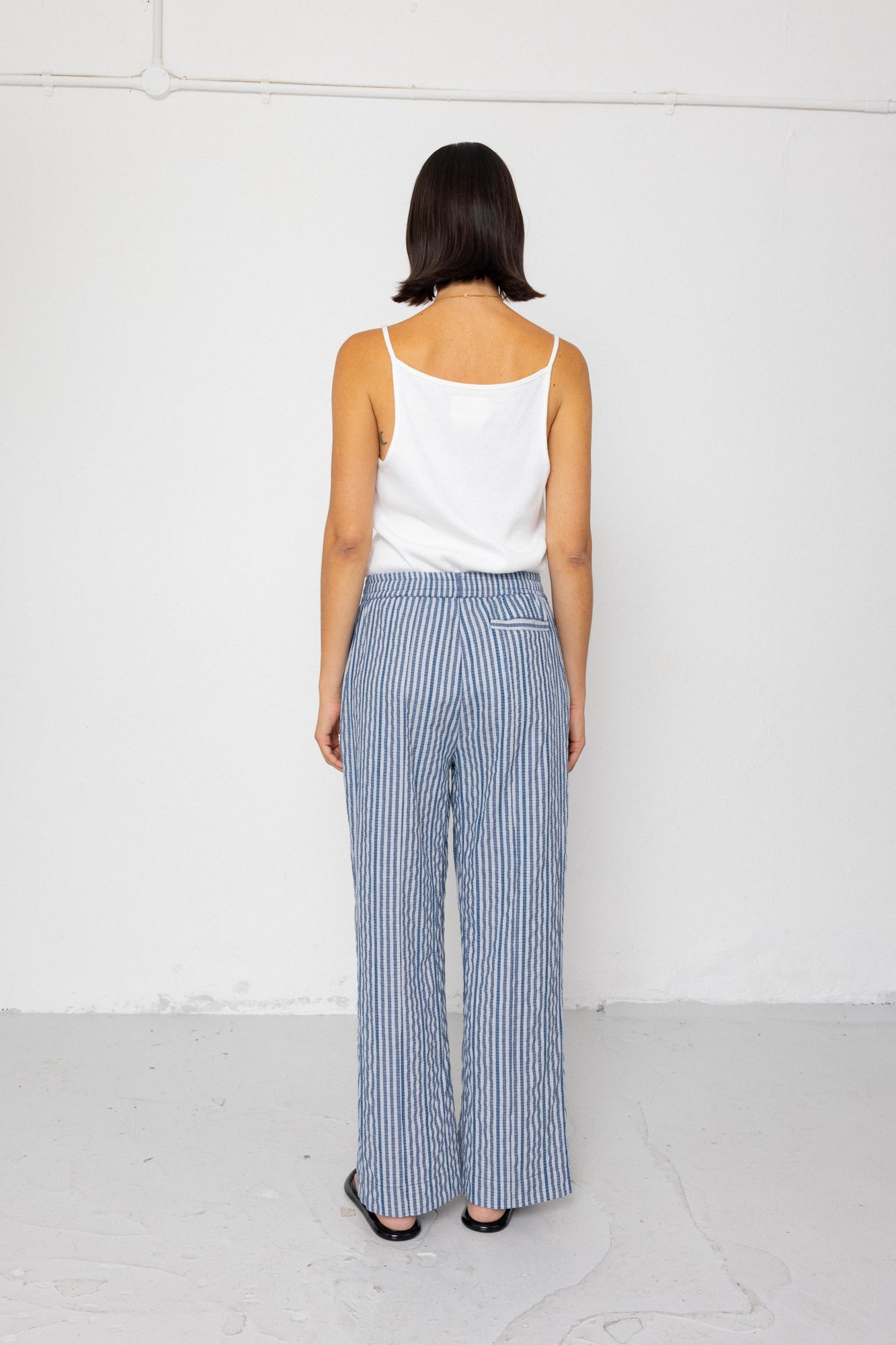 Wide Fit Trousers - Indigo Crinkle Mini Check