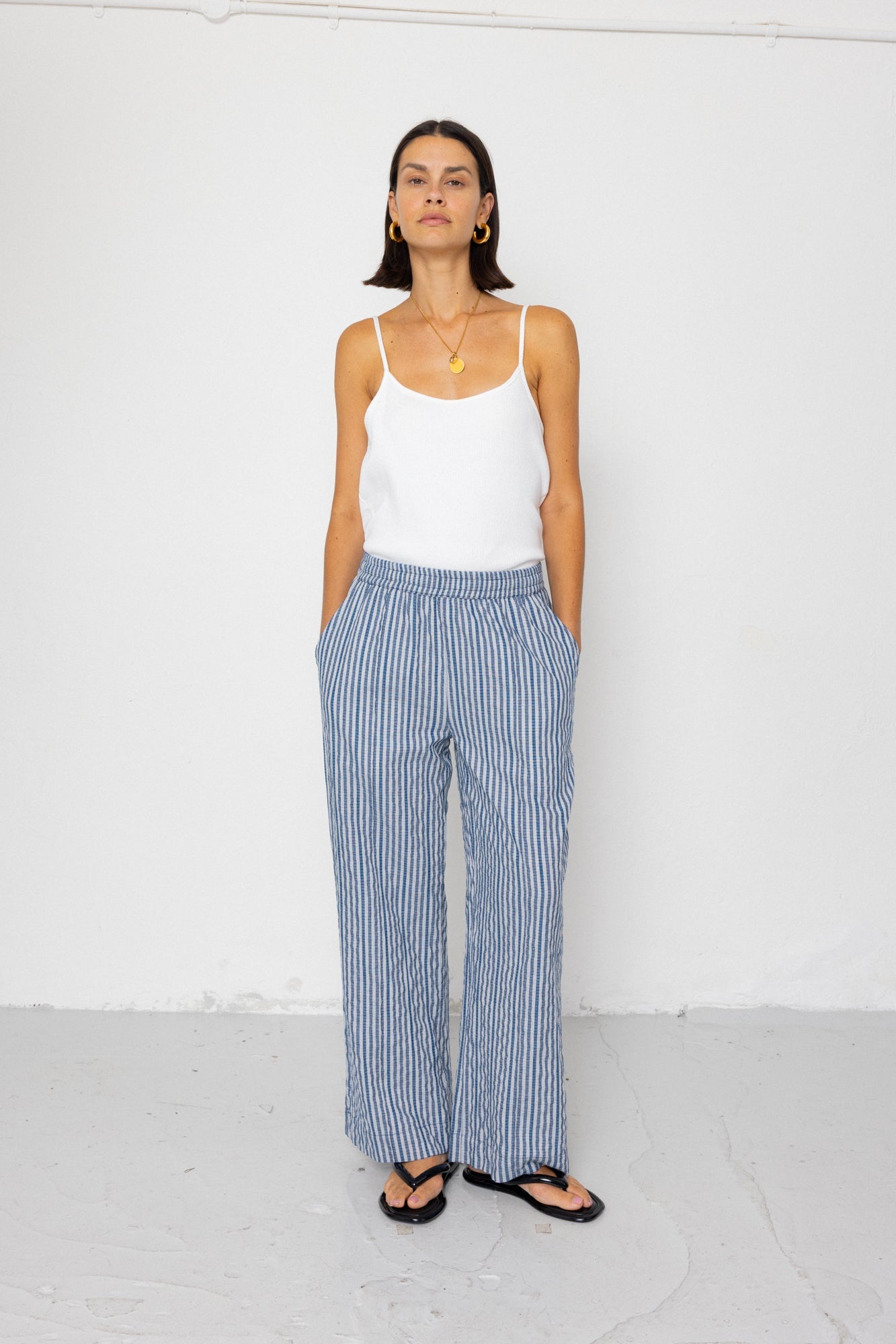 Wide Fit Trousers - Indigo Crinkle Mini Check