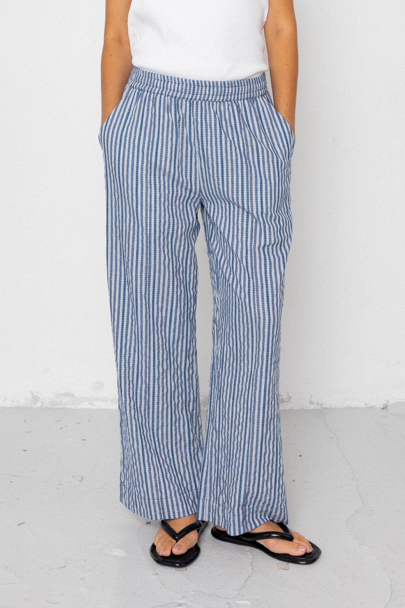 Wide Fit Trousers - Indigo Crinkle Mini Check
