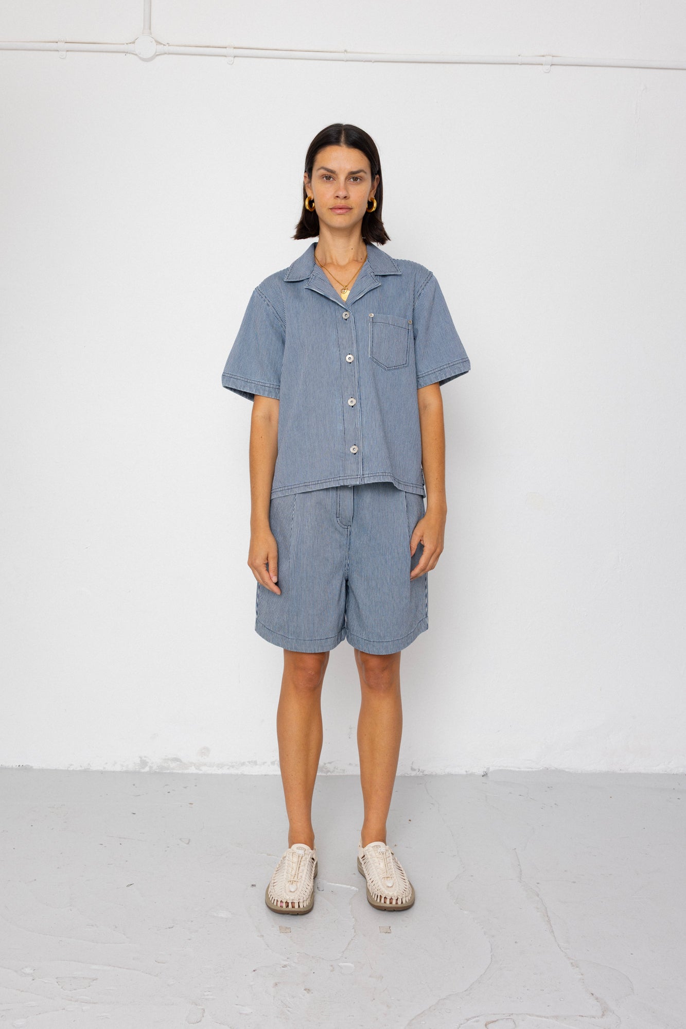 Workers Short Sleeve Shirt - Indigo Ticking Stripe