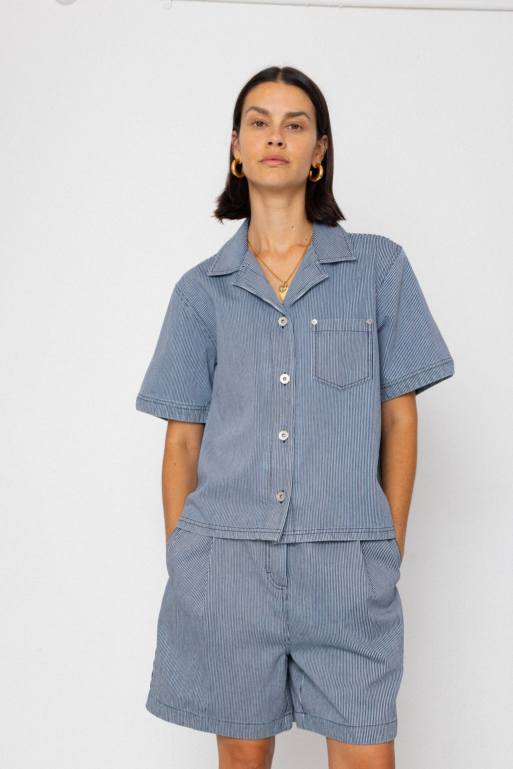 Workers Short Sleeve Shirt - Indigo Ticking Stripe