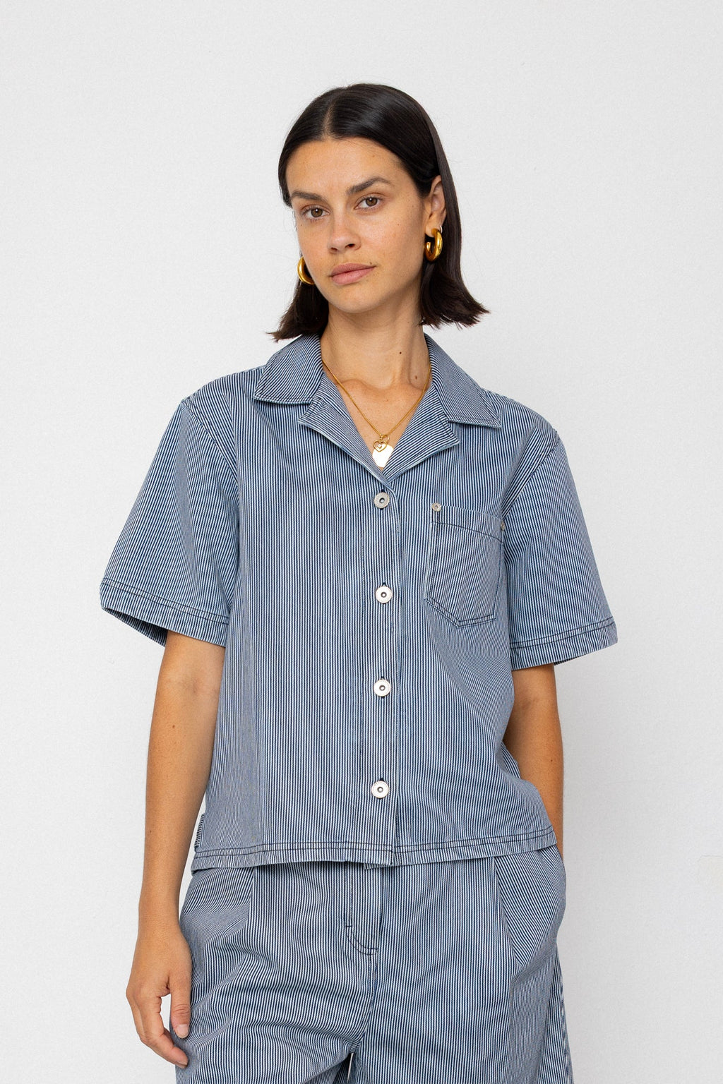 Workers Short Sleeve Shirt - Indigo Ticking Stripe