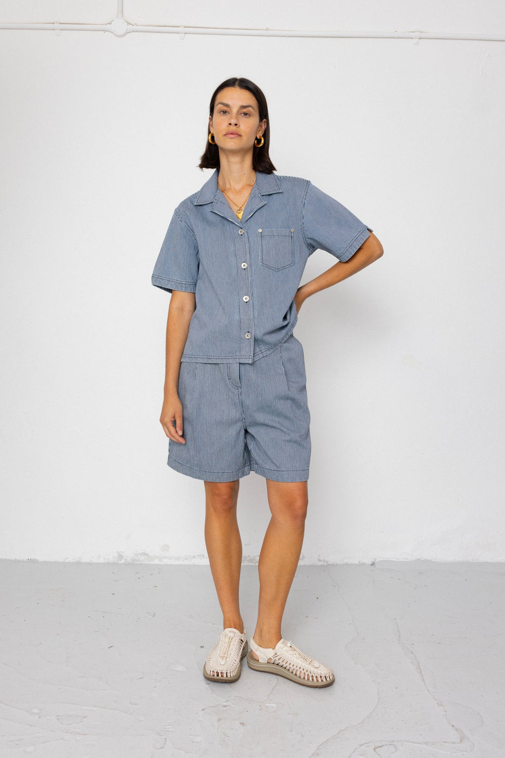 Workers Short Sleeve Shirt - Indigo Ticking Stripe