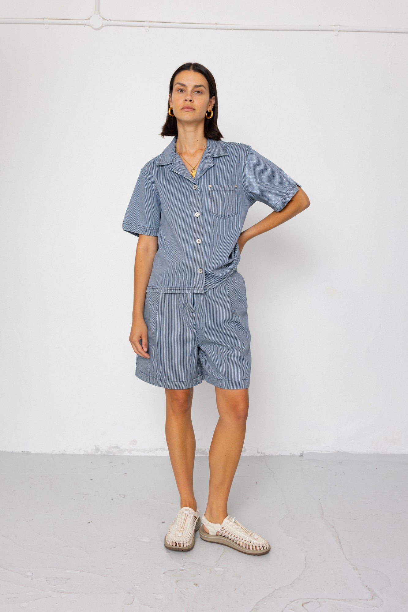 Workers Short Sleeve Shirt - Indigo Ticking Stripe