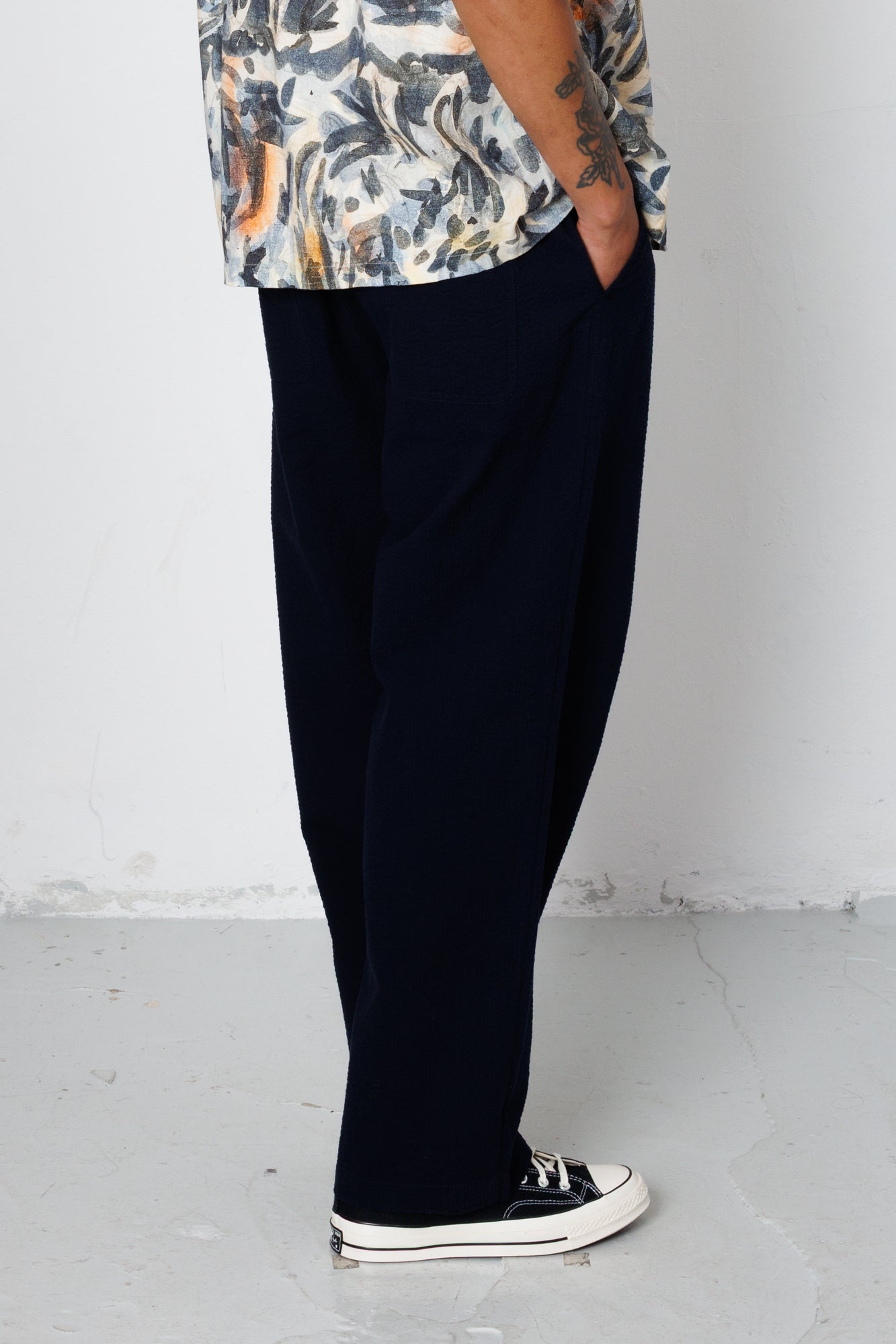 Drawcord Loose Trouser - Navy Seersucker