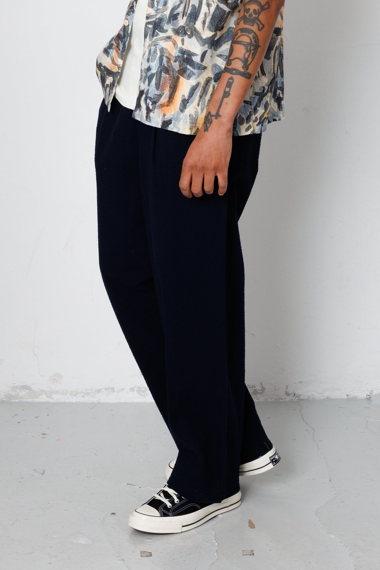 Drawcord Loose Trouser - Navy Seersucker