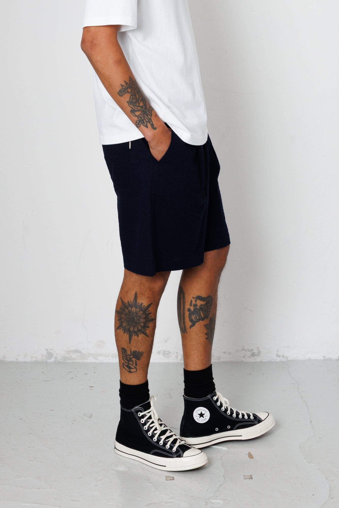 Elasticated Wide Fit Short - Navy Seersucker