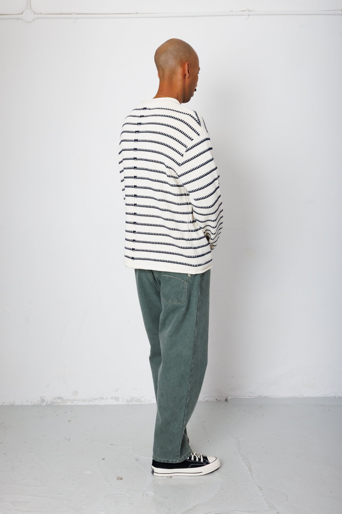 Slouch Crew - Black White Textured Stripe