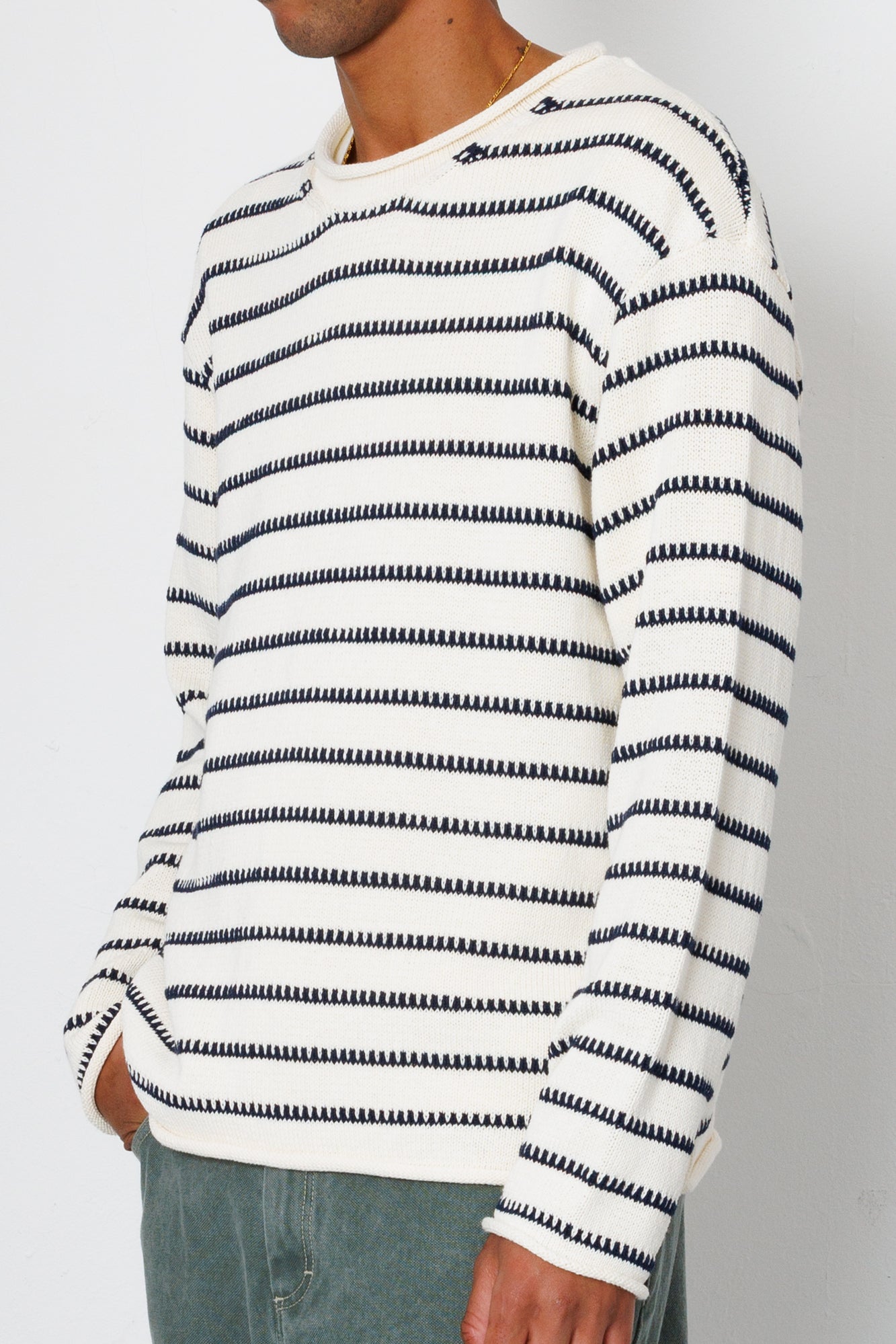 Slouch Crew - Black White Textured Stripe