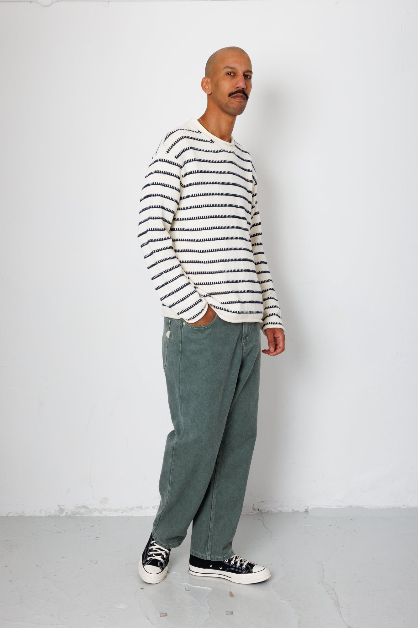 Slouch Crew - Black White Textured Stripe